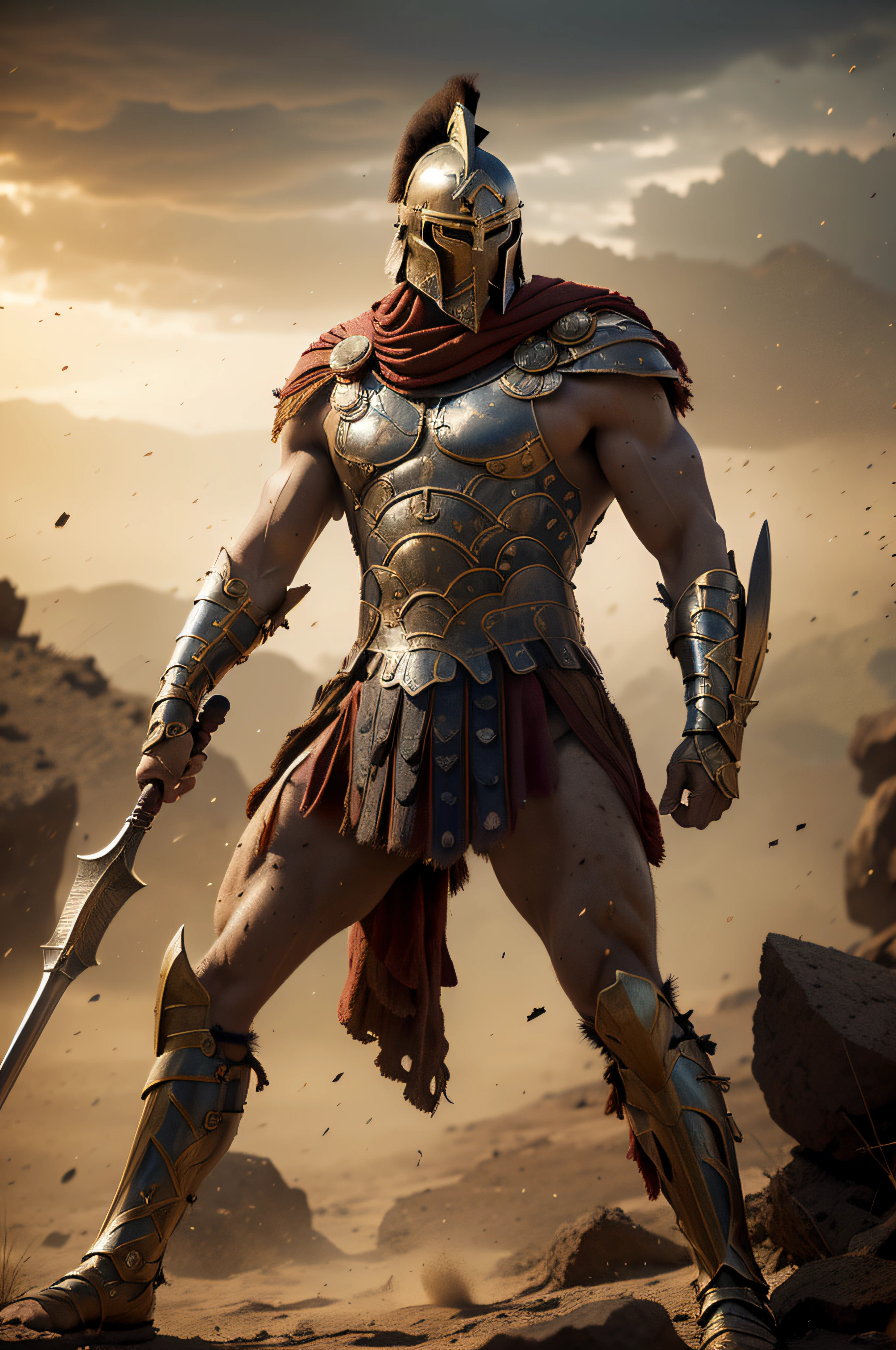 (best quality,4k,8k,highres,masterpiece:1.2),ultra-detailed,(realistic,photorealistic,photo-realistic:1.37),warrior,ancient greek,brave,strong,unyielding,spear,battle-hardened,body armor,shield,helmet,gleaming bronze,well-defined muscles,imposing stance,proud and noble,beads of sweat,gritty battlefield,dusty terrain,dramatic lighting,captivating composition,heroic and epic,action-packed,powerful strikes,shield bash,heroic pose,envisioned in a fantastic mythological setting,vivid colors,tense atmosphere,warrior's determination and grit,stoic expression,explosive energy,visual storytelling,cherished honor code,ferocious spirit,defender of Sparta,formidable opponent,inspiring and awe-inspiring,uncompromising resolve,unmatched bravery