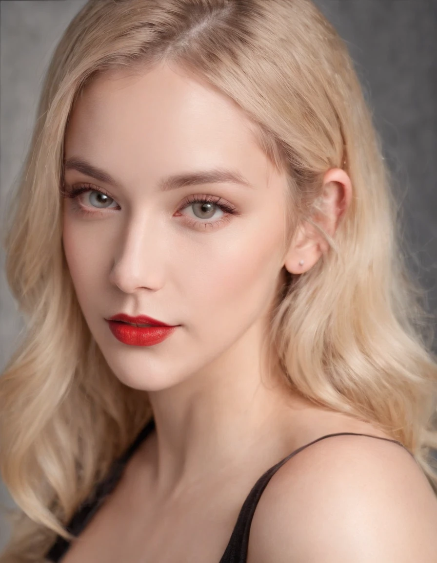 (8k, 4k, best quality, highres, ultra high res:1.1), (masterpiece, realistic, photo-realistic:1.1), 1girl,  face, close-up, blonde hair, black eyes, red lips,  (looking at viewer:2), absurdly long hair, long eyelashes, eyeshadow,  small face, big eyes,bare shoulders,high contrast,
