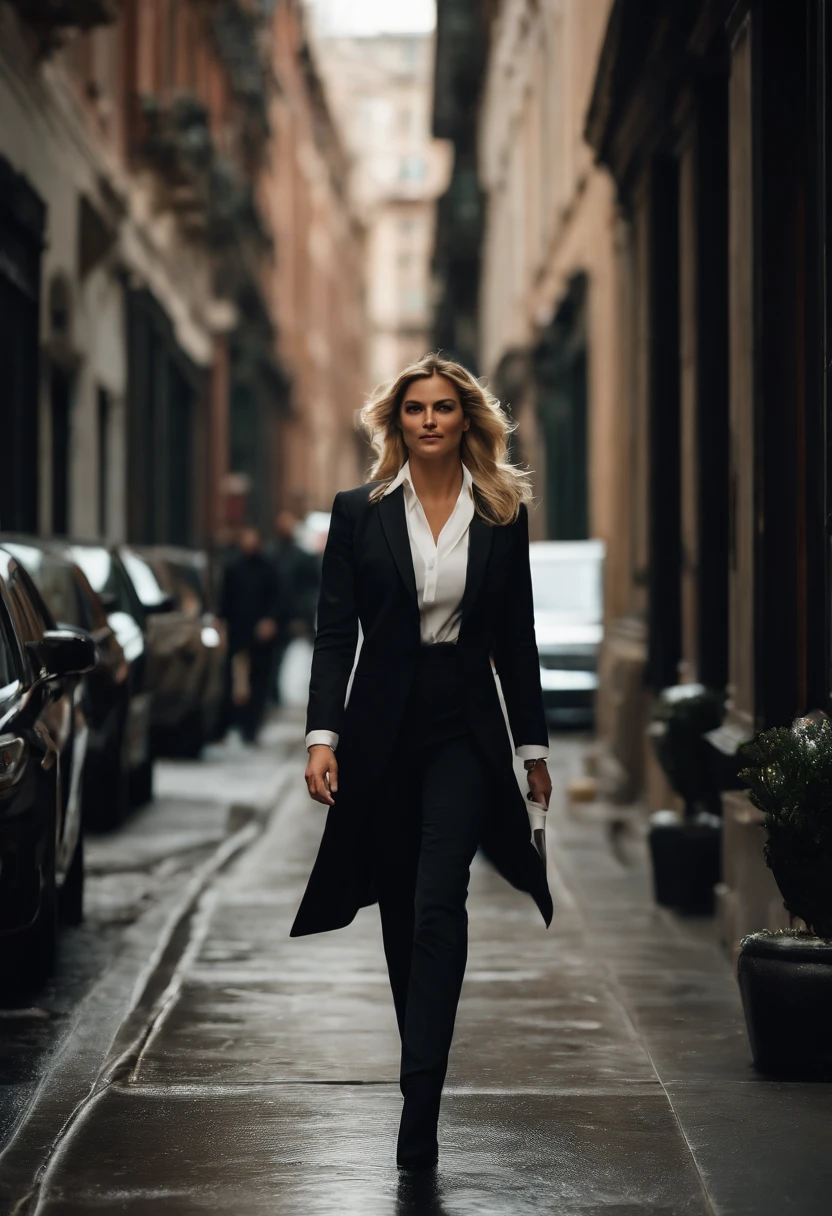 beautifull classy arrogant confident blond bussines woman named Sharonah Volmariota walking in a street, location of a the movie John Wick, inspired by young Sharon Stone in basic instinct,, blond hair, intricate details, extremely detailed, incredible details --style raw