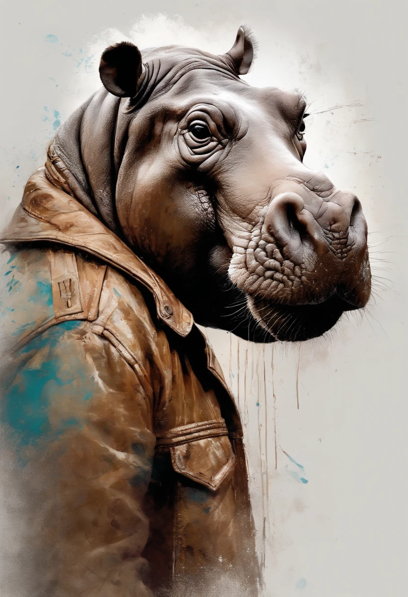 Perfect centering, Cute Hippo, Wear a genuine leather jacket, Wearing fashionable glasses, cheerfulness, Standing position, Abstract beauty, Centered, Looking at the camera, Facing the camera, Approaching perfection, Dynamic, Highly detailed, Smooth, Sharp Focus, 8K, hight resolution, Illustration, art by carne griffiths and wadim kashin, White background