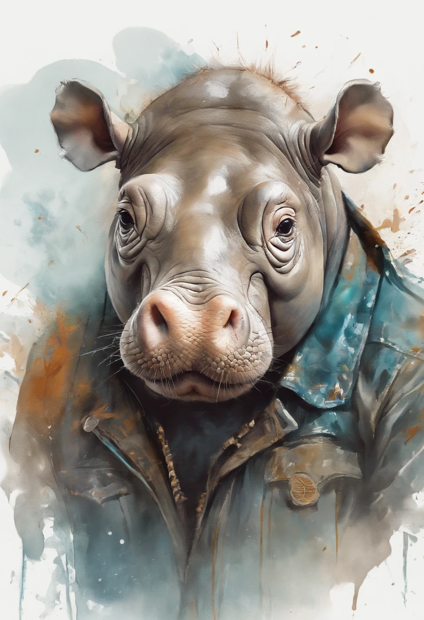 Perfect centering, Cute Hippo, Wear a genuine leather jacket, Wearing fashionable glasses, cheerfulness, Standing position, Abstract beauty, Centered, Looking at the camera, Facing the camera, Approaching perfection, Dynamic, Highly detailed, Smooth, Sharp Focus, 8K, hight resolution, Illustration, art by carne griffiths and wadim kashin, White background