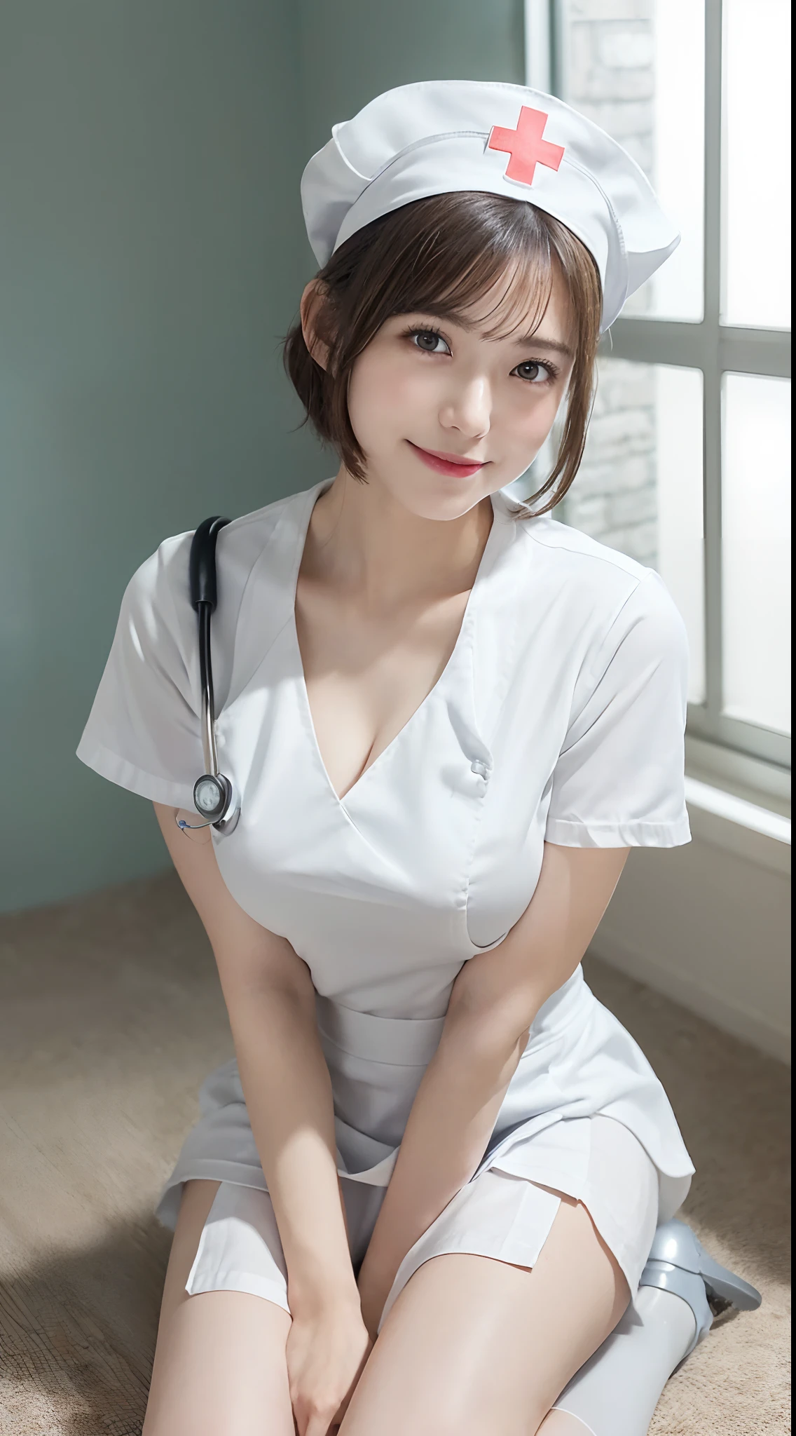 (((top-quality、Masterpiece、超A high resolution)))、((Shot in a love hotel))、((Photo of a 23-year-old nurse))、((Light brown hair with fringe))、(((Smiling at the camera:1.5)))、(((She always sits on the bed with her legs boldly open:1.5)))、(((One 23-year-old nurse with short hair parted in the center:1.5)))、(((Her body is always wet with liquid)))、(((Her clothes are always wet with liquid)))、(((Super detailed cute face、Ultra detailed white skin、Ultra-detailed eyes、Ultra-fine natural makeup)))