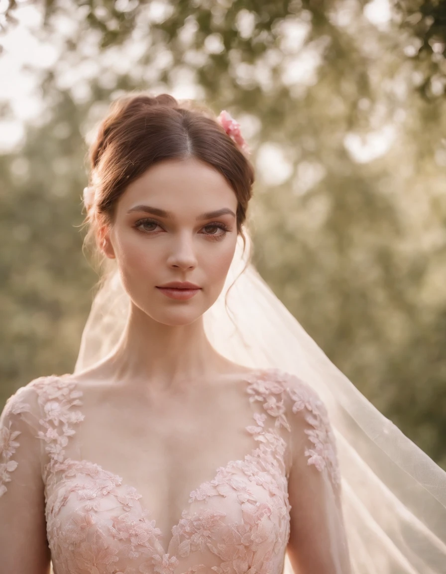 A woman and a man in a wedding dress in a light red and pink style with a nature inspired pattern, close-up, tulle fabric, Iberê Camargo, pretty, made of butterflies, medium shot,