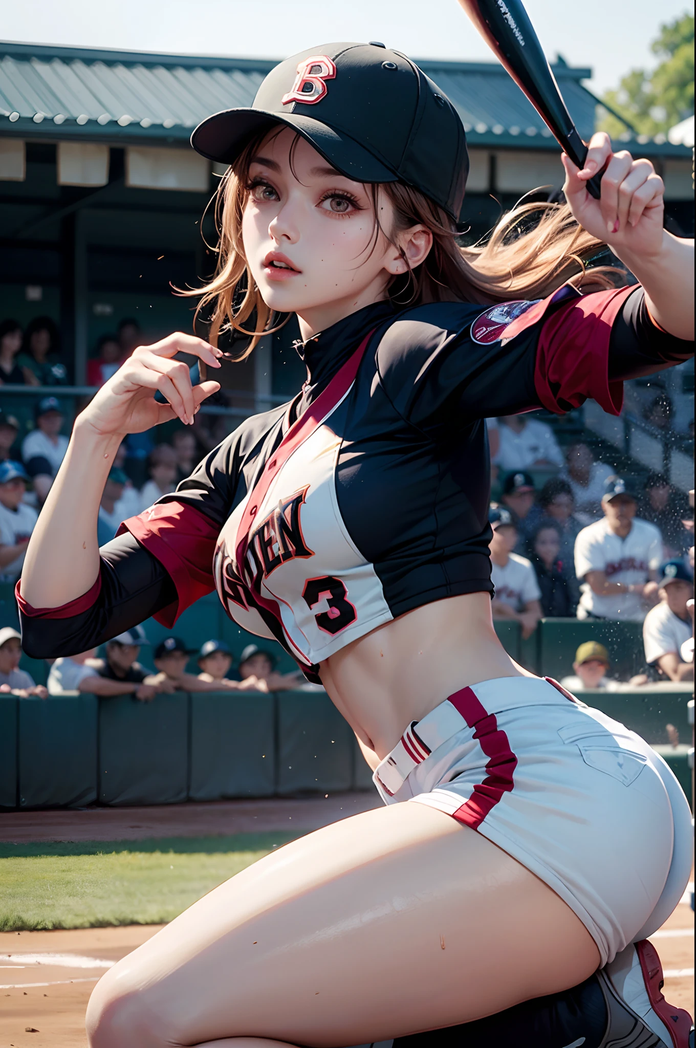 (Details of a very beautiful face), (Best Quality:1.4), 8K resolution, High resolution, 1womanl, Beautiful woman, best beauty, Super beautiful detailed face, Smooth skin, inely detailed beautiful eyes, Fine skin texture, Gloss on lips, Parted lips, Japanese, baseball uniform, Baseball Cap,, Large breasts, thin waist, big butts, Playing Baseball, baseball field, Sweating, sweat splashing, Athletic, leaping, Dynamic Pose,