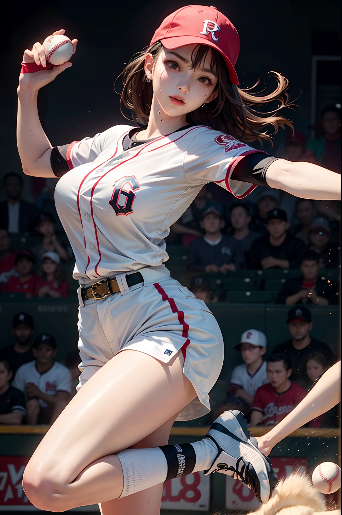 (Details of a very beautiful face), (Best Quality:1.4), 8K resolution, High resolution, 1womanl, Beautiful woman, best beauty, Super beautiful detailed face, Smooth skin, inely detailed beautiful eyes, Fine skin texture, Gloss on lips, Parted lips, Japanese, baseball uniform, Baseball Cap,, Large breasts, thin waist, big butts, Playing Baseball, baseball field, Sweating, sweat splashing, Athletic, leaping, Dynamic Pose,