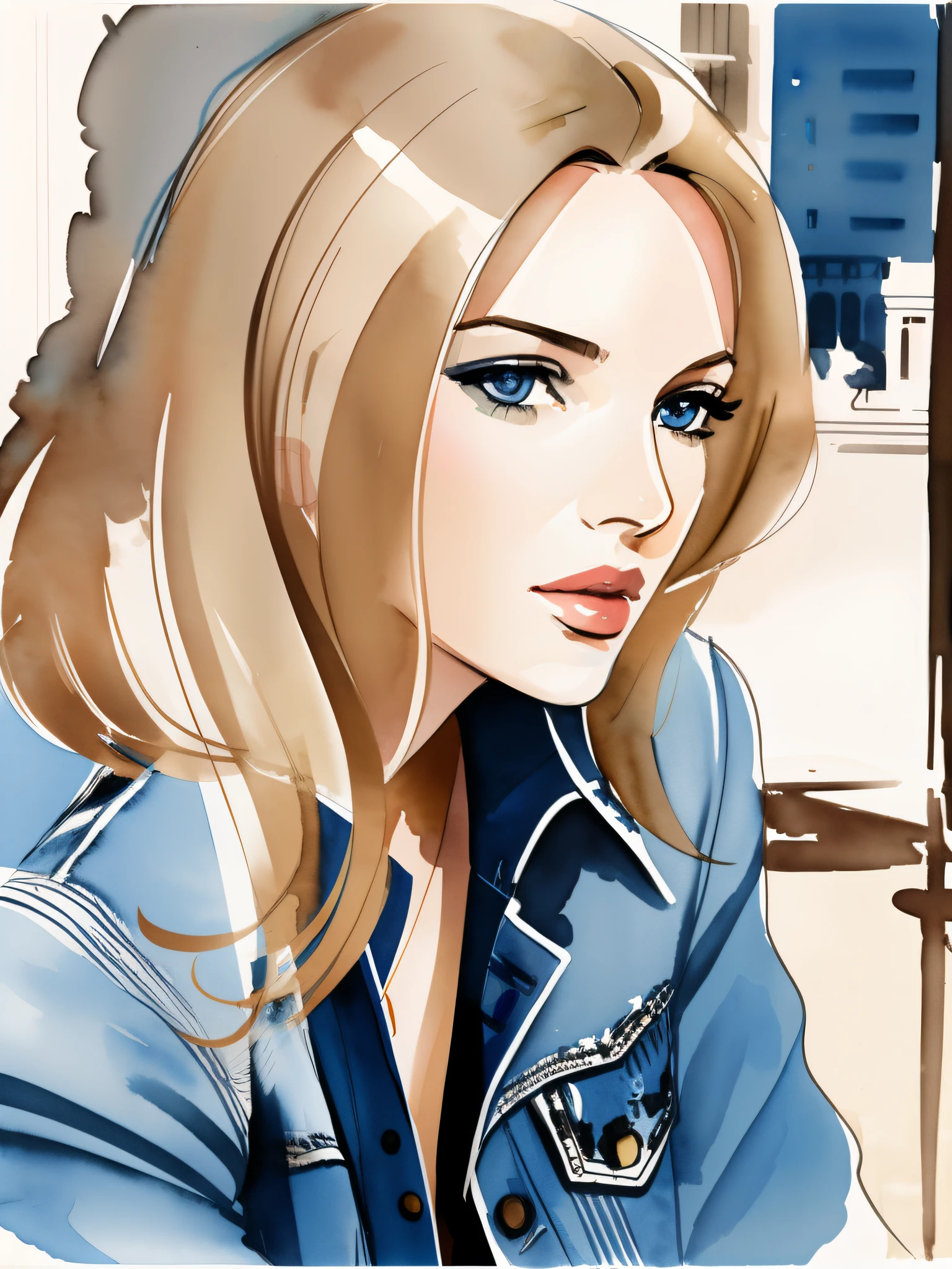 David downton fashion illustration, blonde woman, blue eyes, denim jacket, street cafe, watercolor sketch, feminine
