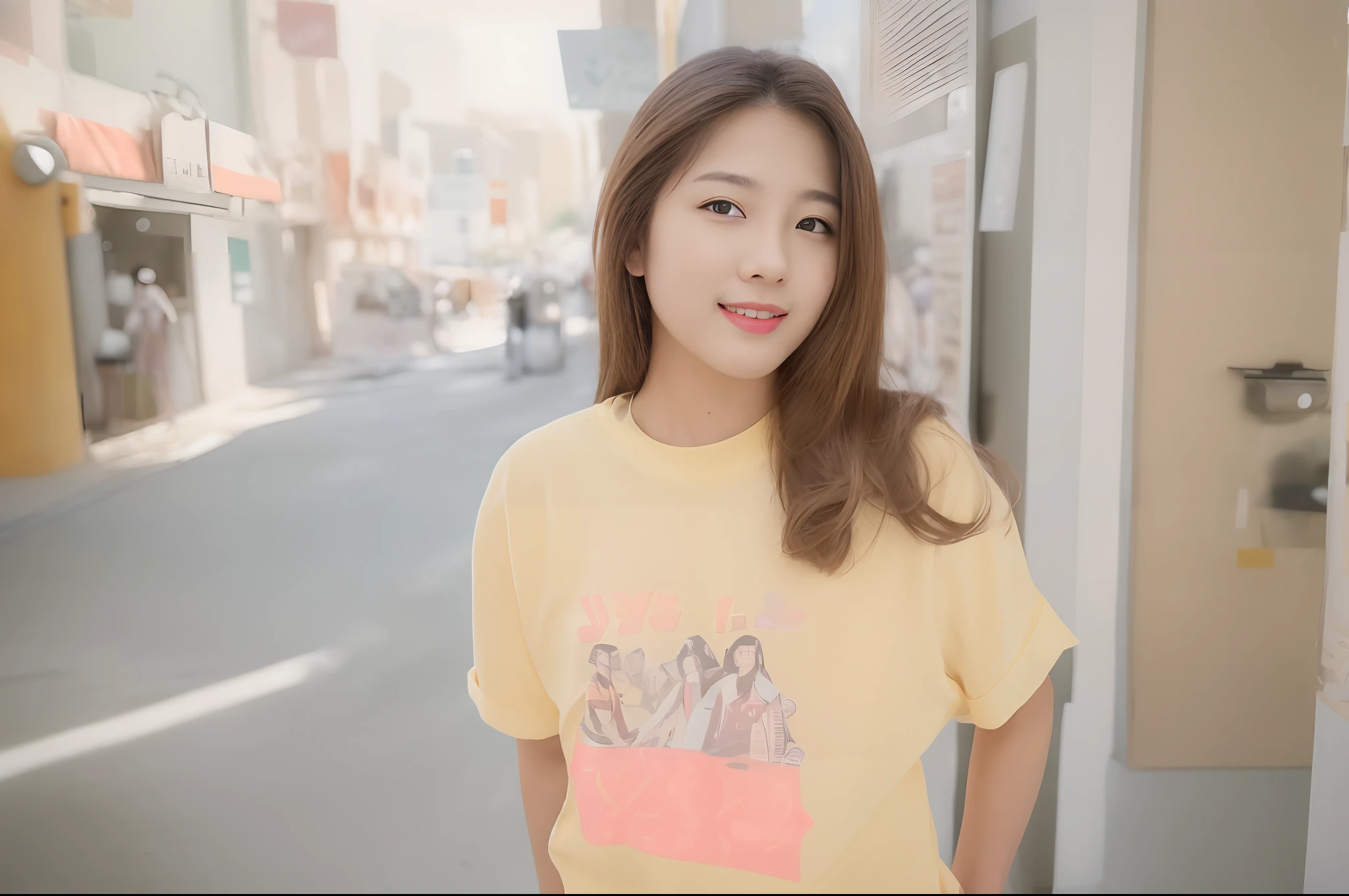 araffe woman standing on the side of a street with a t - shirt on, girl, lofi girl, she is wearing streetwear, cute girl, color portrait, printed on a cream linen t-shirt, graphic tees, cutecore, mid shot portrait, anime thai girl, casual clothing, cute casual streetwear, cute girls, 35mm color, cowboy shot、bokeh dof:1.2、plein air、1980s\(styles\)、Vintage Details、A city scape、 1 girl,A fitted,独奏,(Bright smile:1.3),(1980s dresses,(See-through skirt:1.2)),(shortsleeves,off shoulders:1.1),dynamicposes,Look at viewers, (medium_breasts:1.2)、(floating_hair)、tiny_waist、(realistic_detailed_skin_texture:1.1)、good hand、pin-up、good feet、This scene is、Beautiful depth of field and a little blurry、Nostalgic background、Film Portrait Photography、35mm film、filmg、(8k、RAW Photography、top-quality、masterpiece:1.2)、(realisitic、Photorealsitic:1.4)、超A high resolution、photon maping,Radio City,((Hasselblad photo)),physically-based renderingt,Professional Soft Writing,Facial light,
