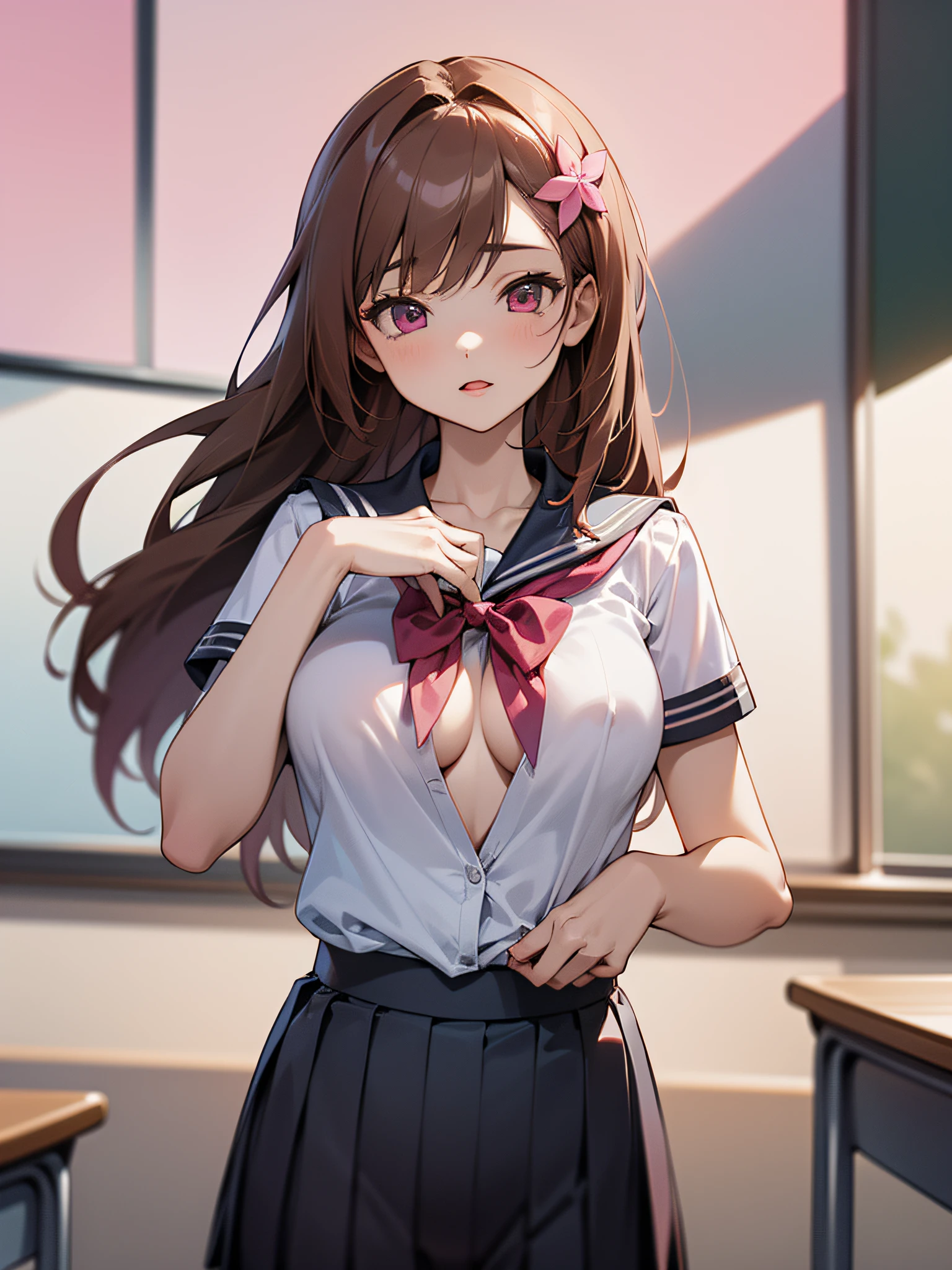 ((2girls)), ((Best Quality)), (Ultra-detailed), (extremely detailed CG unified 8k wallpaper), Highly detailed, High-definition raw color photos, Professional Photography, ((Beautiful big breasts)), ((bare breasts)), (Pink floral hair ornament), Peanut butter brown hair, Amazing face and eyes, Pink eyes, (amazingly beautiful girl), (hi-school uniform, pleated skirt:1.3), (hi-school uniform with wide open breasts:1.4), Cameltoe, no panties, School, classroom,