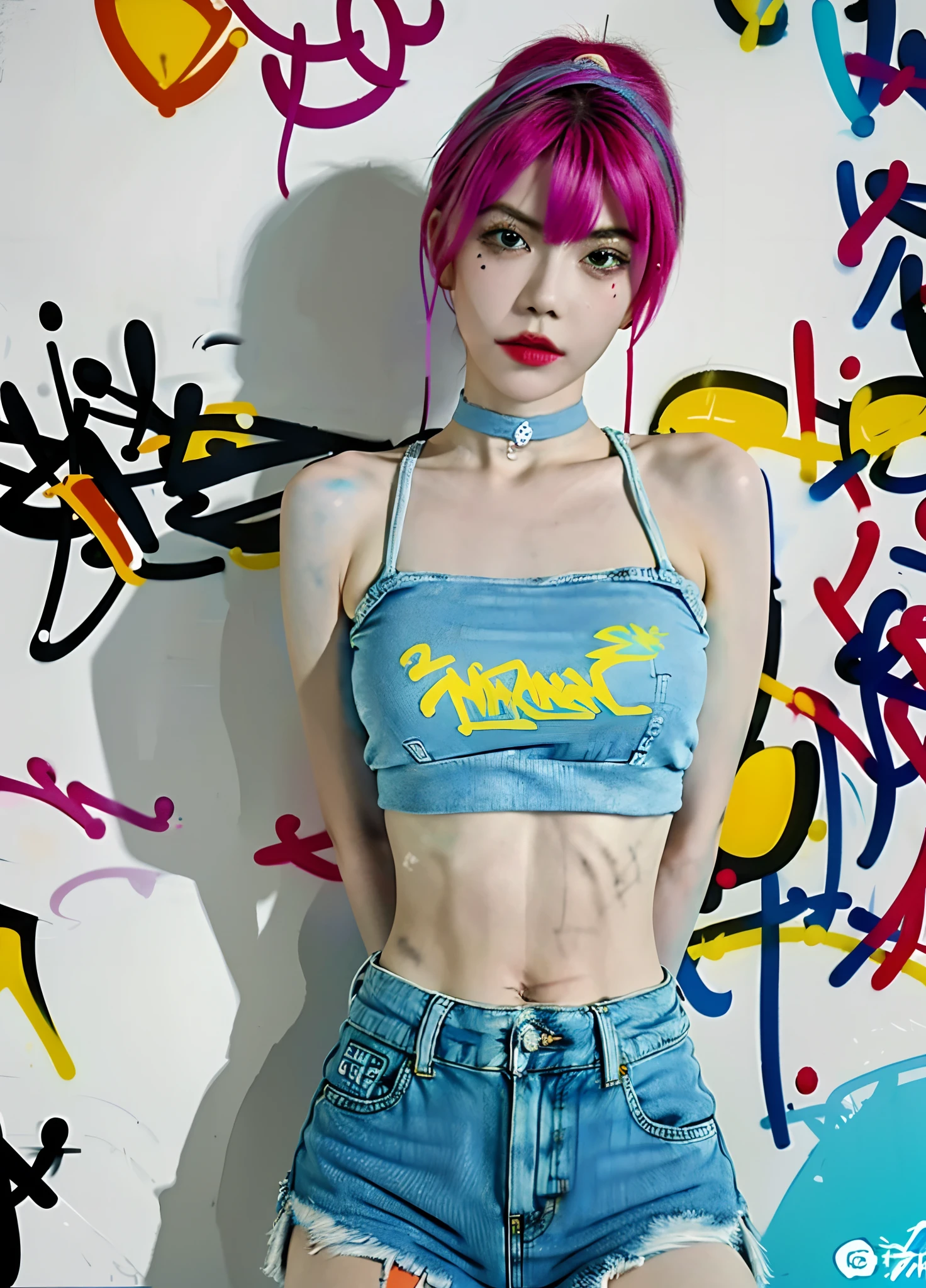 masterpiece, best quality, 1girl, solo, crop top, denim shorts, choker, (graffiti:1.5), paint splatter, arms behind back, against wall, looking at viewer, armband, thigh strap, paint on body, head tilt, bored, multicolored hair, aqua eyes, headset,