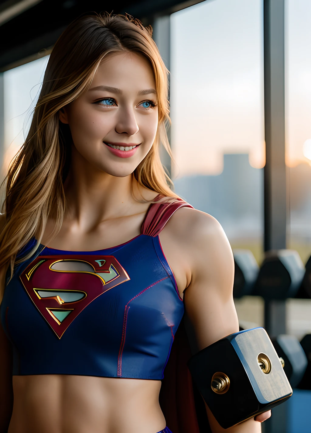 Real, Photo Shot, Realistic, Luminescent, Atmospheric scenes, masutepiece, Best Quality, (detail skin texture, hyperdetailed body:1.1), Raw photo, (High detailed skin:1.2), 8K UHD, Digital SLR, Film grain, FujifilmXT3,
1girl in, Melissa Benoist - SMF, Blonde hair, Blue eyes, Realistic, Blurry background, Superhero, Blurry, Long hair, Lips, Muscle Jewelry, Upper body, 鎖骨, Solo, training gym, Looking at the camera, Outdoors, Solo Focus, depth of fields, (Smile:1.2), Looking at Viewer, Sun'rays,Holding dumbbells in the gym for strength training