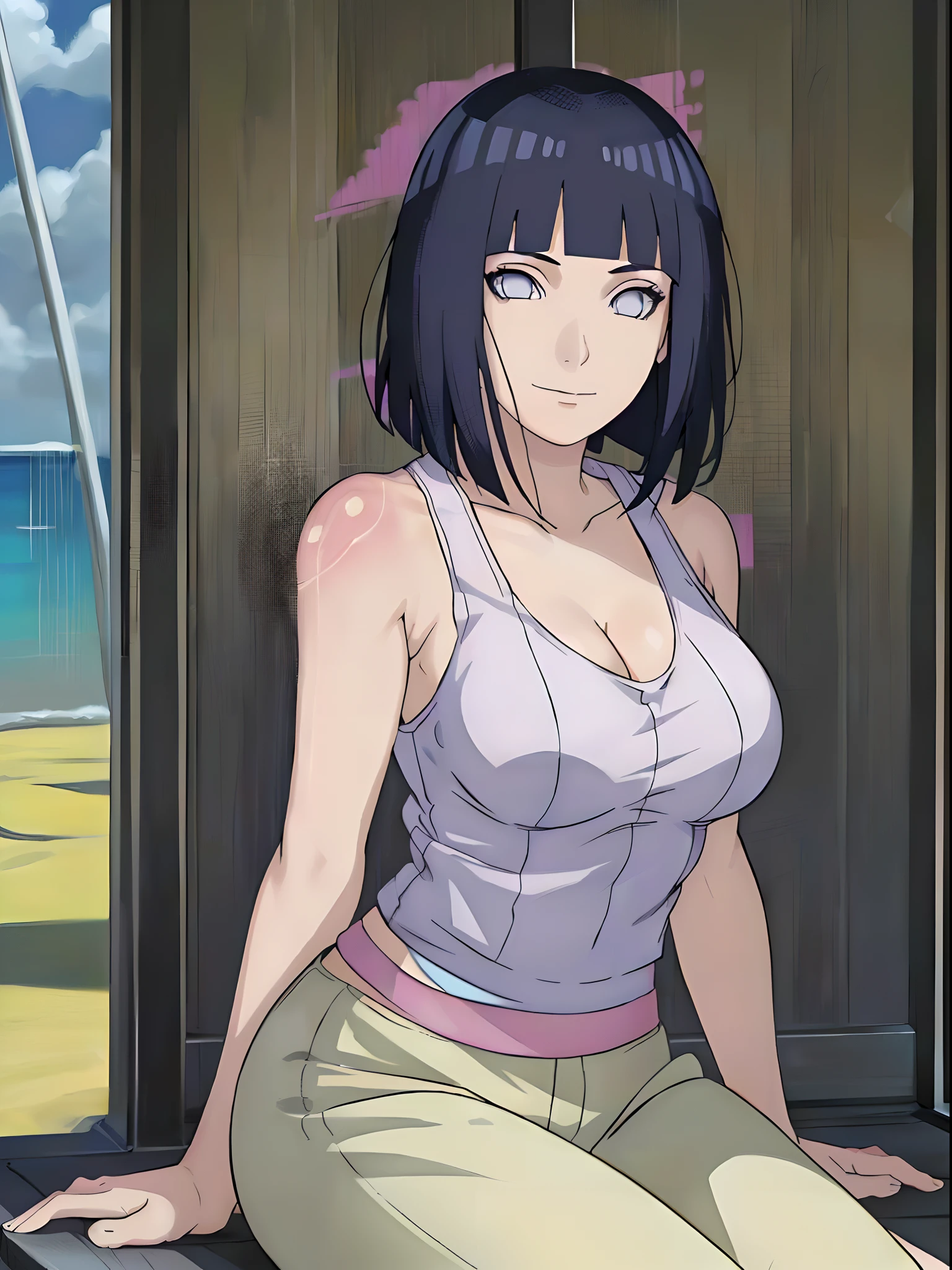 naked wearing white  apron only,, ((thick arm, little biceps)), , stretching , anime style, cute , beautiful , nice body, soft body, (hinata\(boruto\),  (slender body), mature woman , broad shoulders, off-shoulders, (naked wearing white  apron only,  bare arms, bare hands), smile, closed mouth, pale skin, , smile, (dark blue hair color:1.1), wavy hair, floating hair, ((very short hair, hime cut), big breasts,  (perfect eyes, white sciera, bright eyes, white eyes, anime eyes)