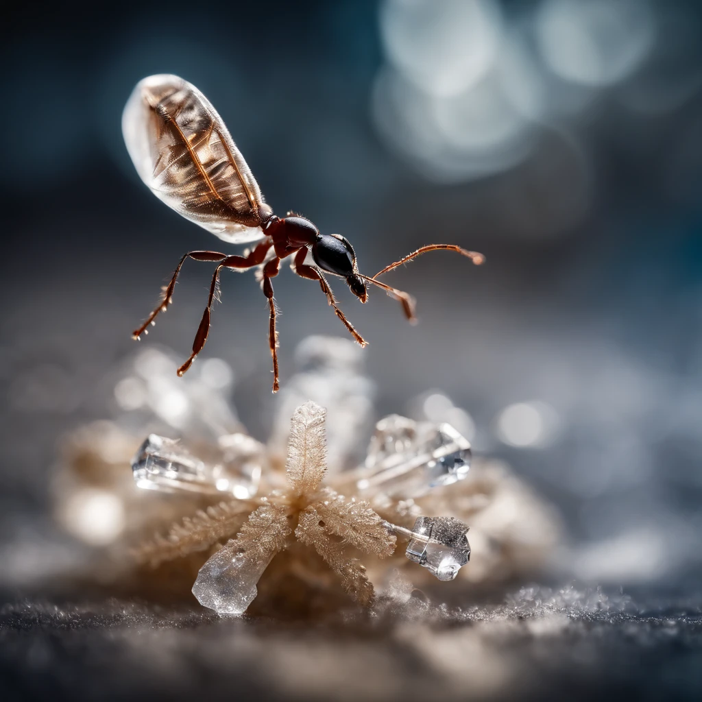 an ant standing on a piece of crystal snowflake is dropping from the air