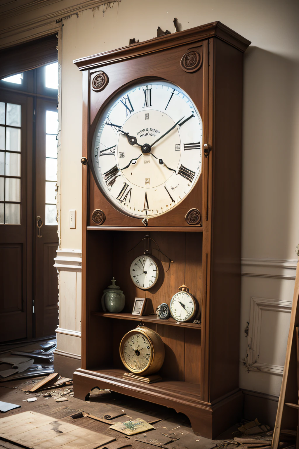 antique clocks glued to the wall in an abandoned site