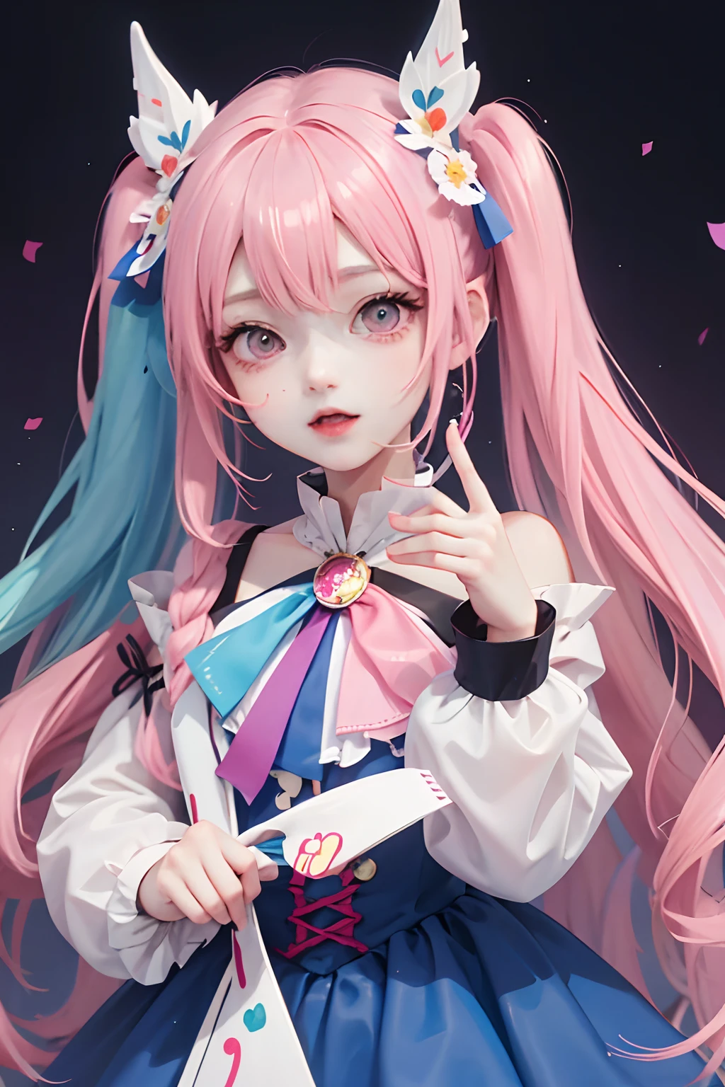 anime girl with long hair and colorful dress holding a bag, official artwork, pixiv, vocaloid, pink twintail hair and cyan eyes, pixiv style, mikudayo, digital art on pixiv, nightcore, cute art style, pixiv trending, colorful]”, anime illustration, splash art anime loli, cutecore clowncore