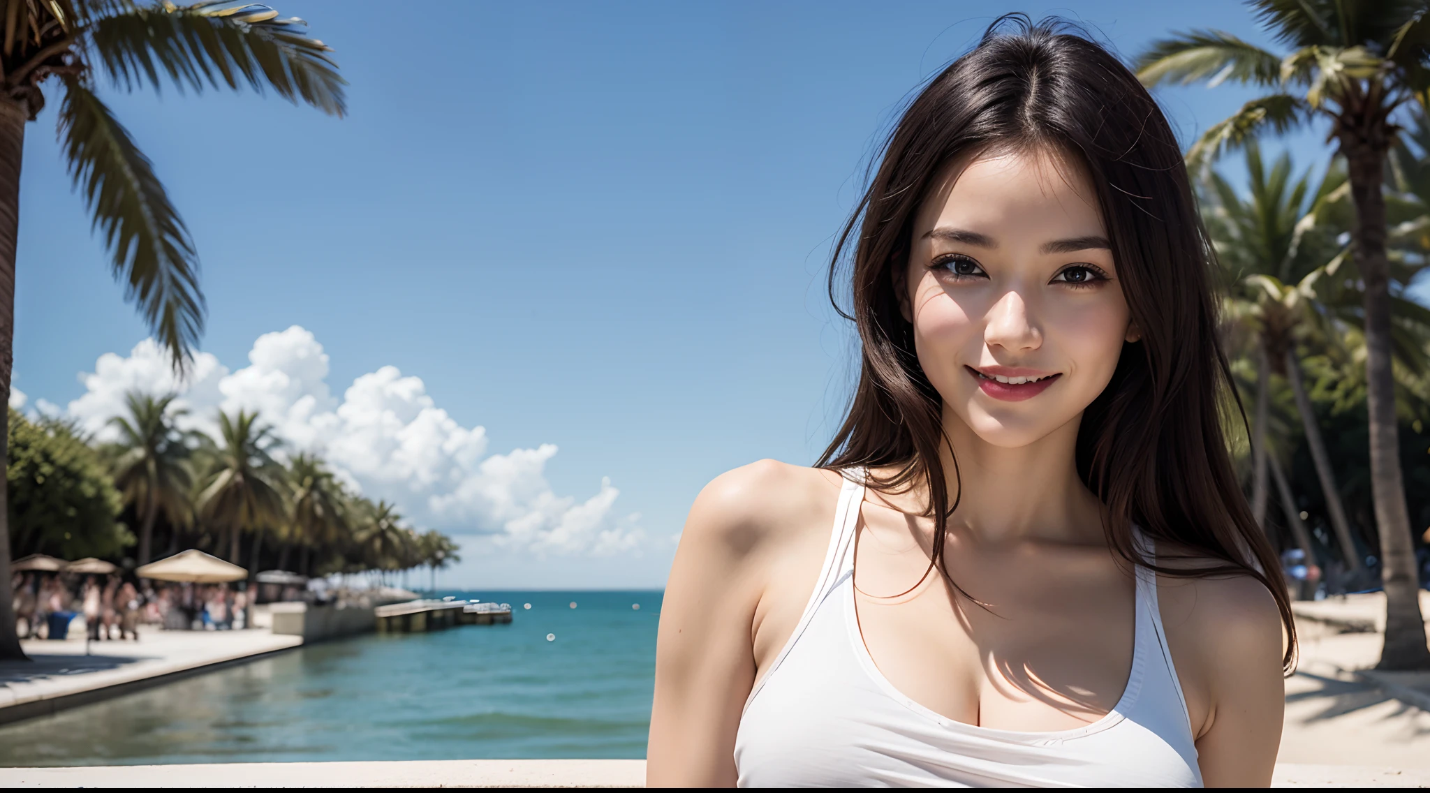 ung Girl, Super beautiful detail face, Looking at me, Open your mouth slightly,, shy smile, Multiple girls, Raw foto, (Best Quality:1.2), masutepiece, 8K, high detailed, Hight Resolution, With the highest quality, High Definition RAW Color Photography, professional photoshooting, Cinematic light, (fair face:1.2), (Beautiful Tits:1.2), Beautiful Tits, (boxer shorts), (((Bokeh))), depth of fields, (view from below:1.2), (Super Definition CG Unified 8k Wallpaper), (Masterpiece), (Best Quality), (super definition), (Best Illustration), (best shadows), Ultra High Definition, (Photorealistic:1.4), (super oversized shirt, No bra, 鎖骨, Big, Big, Big, Big, look at the viewer, light grin smile, upper half body, makeups, Sunny weather, seaside, waves, palm tree, White tank top and torn shorts, seaside, waves, palm tree, seaside, waves, palm tree, seaside, waves, palm tree, seaside, waves, palm tree,