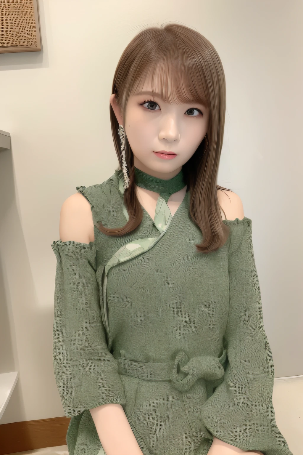 Side ponytail (((Genshin Impact))), multicolored hair, (hair between both eyes)), gray hair, green hair, green eyes, ((flat chest)), (photorealistic: 1.4), (best quality: 1.4), girl, ultra high resolution, (((detailed facial features))))), small hands, Kpop Idol, Egyosal, (ulzzang-6500-v1.10.66), (cruciform pupil ), watch the viewer, (((pointed ears)), (daylight), (beach: 1.31) (water: 1.41), standing on one leg, from the side ((flat chest)), symmetrical face, between the legs