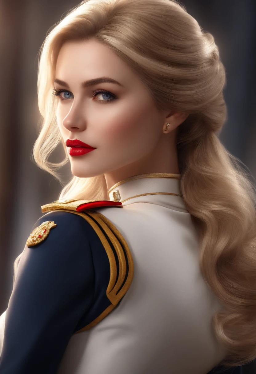 Incomparable masterpiece, ultra-realistic 8k CG, perfect artwork, ((perfect female image)), mature woman, slender waist, seductive, clean, beautiful face, {extremely delicate and beautiful girl} , 8k wallpaper, {{{Masterpiece}} }, 1girl, blonde hair, blue eyes, ponytail, police uniform, jewelry, lips, lipstick, long hair, look spectator, makeup, lips, red lips, simple background, solo, upper body, (shiny skin),