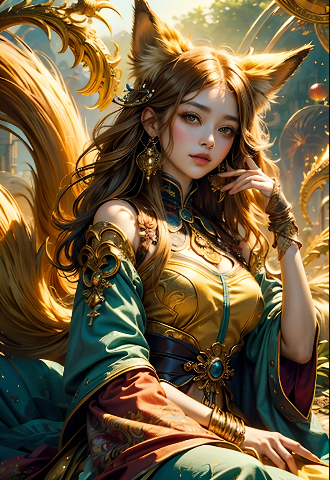 (masterpiece、top-quality、top-quality、Official art、Beautifully Aesthetic:1.2)、(1girl in)、ighly detailed、(Fractal Art:1.3)、colourfull、highestdetailed Golden Nine Tail Fox Fancy golden background Facing the front Soft smile
