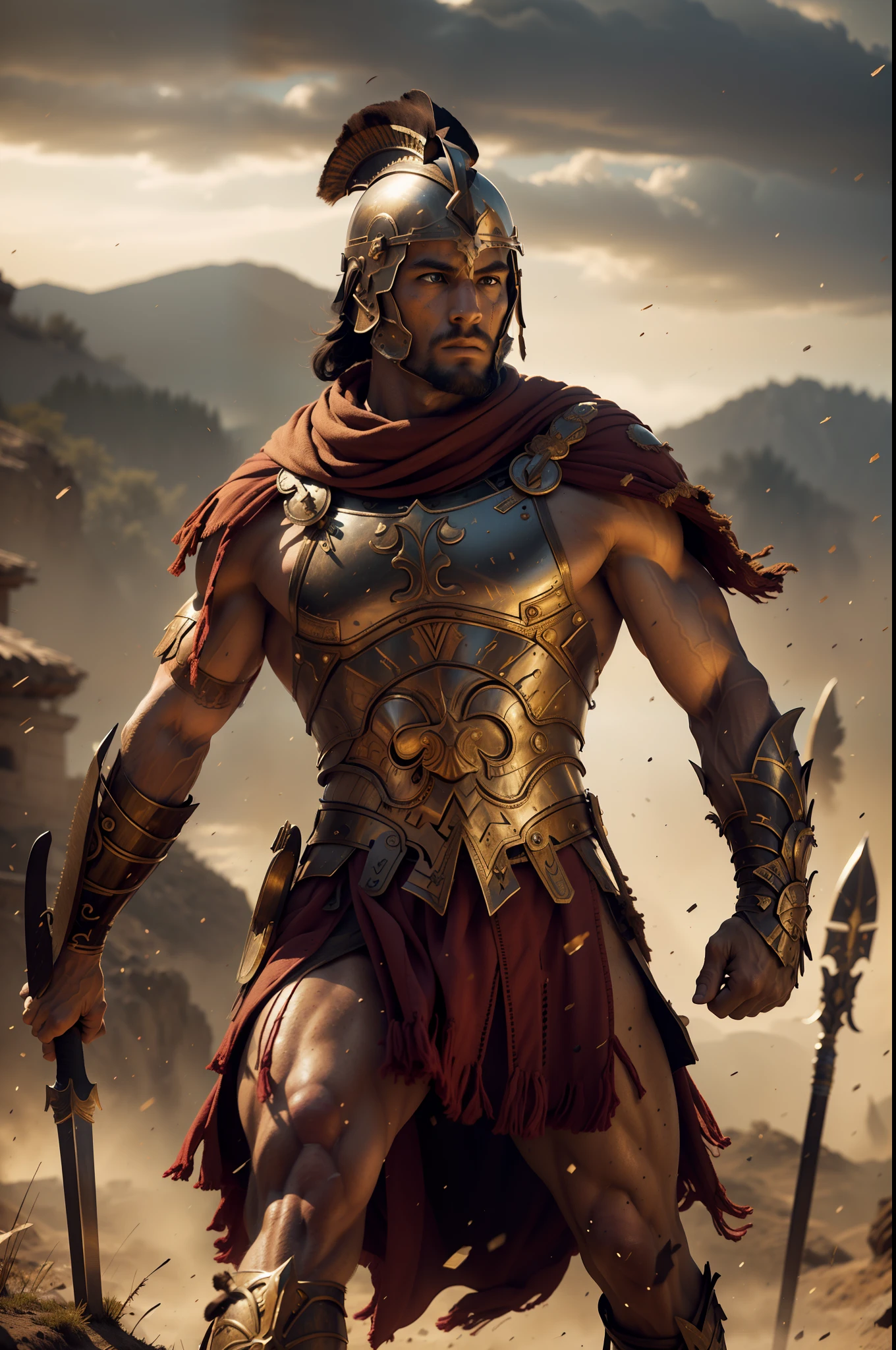 (best quality,4k,8k,highres,masterpiece:1.2),ultra-detailed,(realistic,photorealistic,photo-realistic:1.37),A Spartan warrior,[ancient Greece,ancient Greek civilization,soldier,warrior,helmet,shield,spear:solid wooden shaft,sword:curved blade,bronze armor,brave,strong,battle-ready:1.1,physically fit:1.1:intact,perfectly polished,decorated:intricate patterns],imposing posture,muscular build, [battle scene,conflict,war,fight,warzone,dusty battlefield],golden-hour lighting,emit a warm glow,vivid colors:slightly desaturated,sepia tone, [epic,heroic,romantic],faint scent of smoke and brimstone, [clouds of dust,fallen enemies,conquered lands],pride and determination in the warrior's eyes, [thunderous footsteps,echoes of battle,clash of weapons].