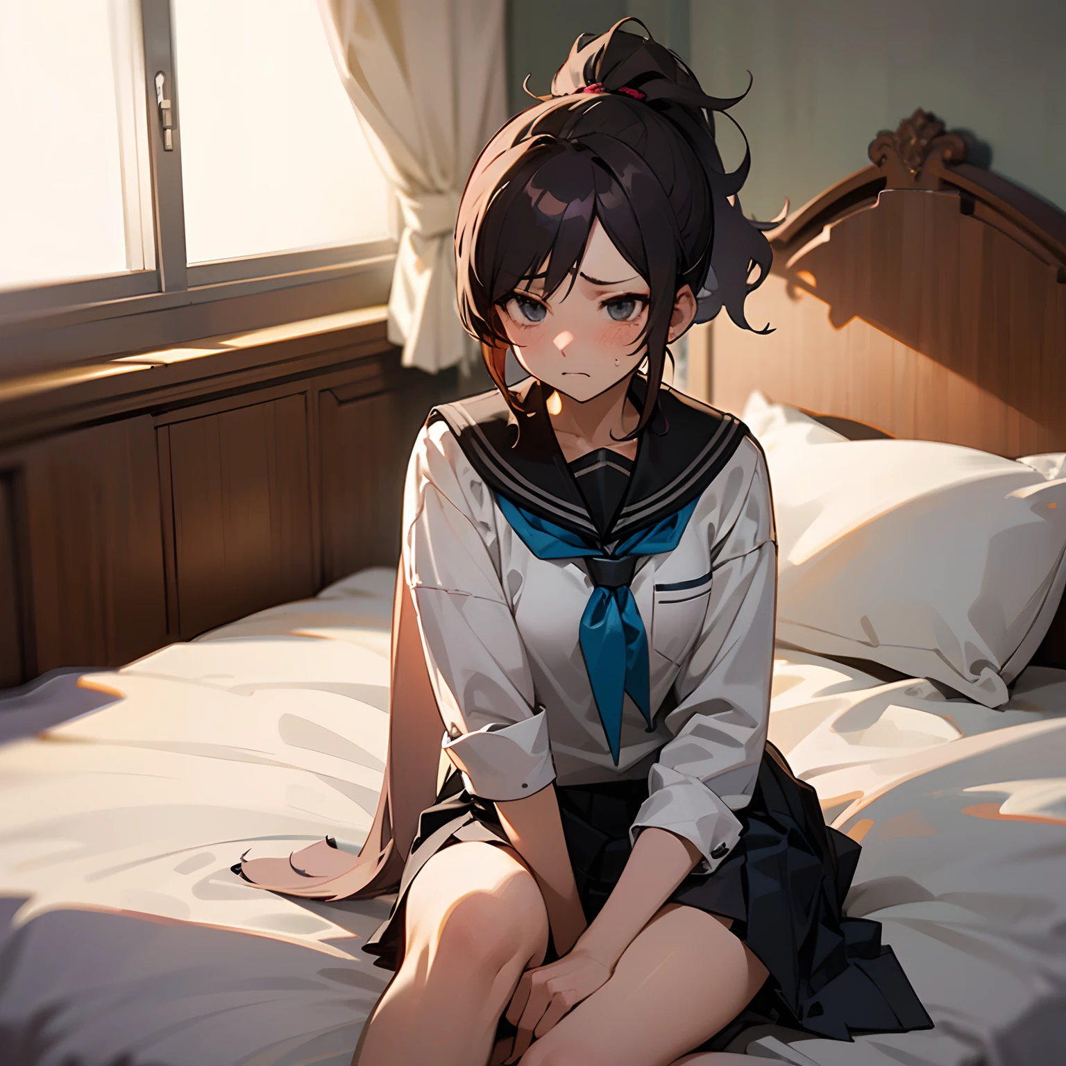 (((SFW : 1.2))), (((pornography))), (cartoon), (webtoon), (intricate details:1.2), (masterpiece、:1.3), (top quality:1.4), (Ultra A high resolution:1.2), Ultra A high resolution, 8K resolution, very detailed expression, dark, (high quality), complete anatomy, natural anatomy, full body photo, 1 korean woman, (high_ school girl: 1.5), (call girl:1.5), (prostitute: 1.5), (korean:1.8), (beautiful : 1.4), (shiny black hair), (big earrings), heavy makeup, doggy choker necklace, bracelet, nail art, long legs, (she weared tightening school_ uniform and nuded colored pantyhose : 1.4), glowing skin, who ties her arms and body with rope and molests her body..),(She is tied up and having sex with men : 1.5), (who grabbed her legs...), caress, fondle,dark light, (in the room of hotel at night : 1.5), (detailed background:1.2), She is doing bondage and SM play with some Korean hentai men,