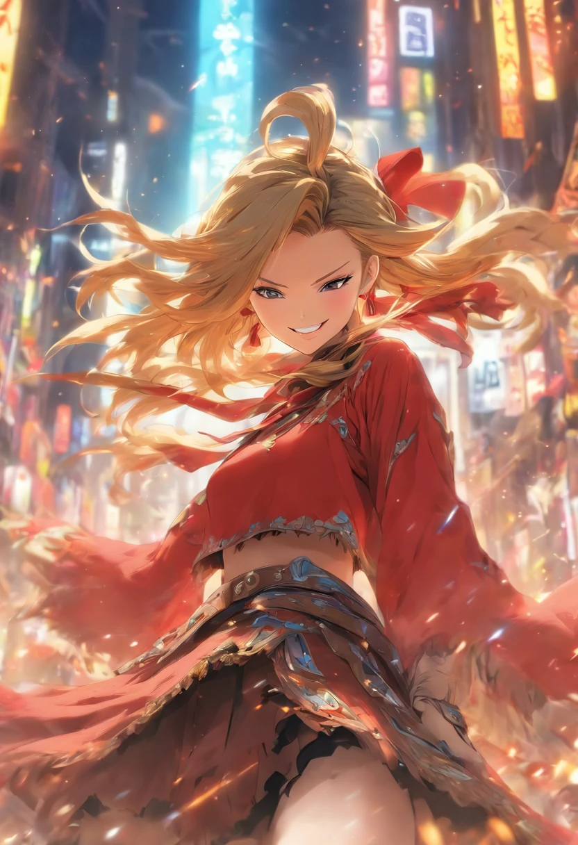 (Masterpiece, Best quality:1.2), Cowboy shot, Solo, 1girll, Ayanoguchiji Reim, Smile, view the viewer, Long sleeves, cloaks, Red skirt, upper legs