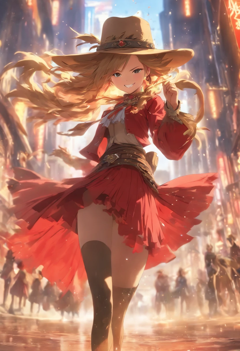 (Masterpiece, Best quality:1.2), Cowboy shot, Solo, 1girll, Ayanoguchiji Reim, Smile, view the viewer, Long sleeves, cloaks, Red skirt, upper legs