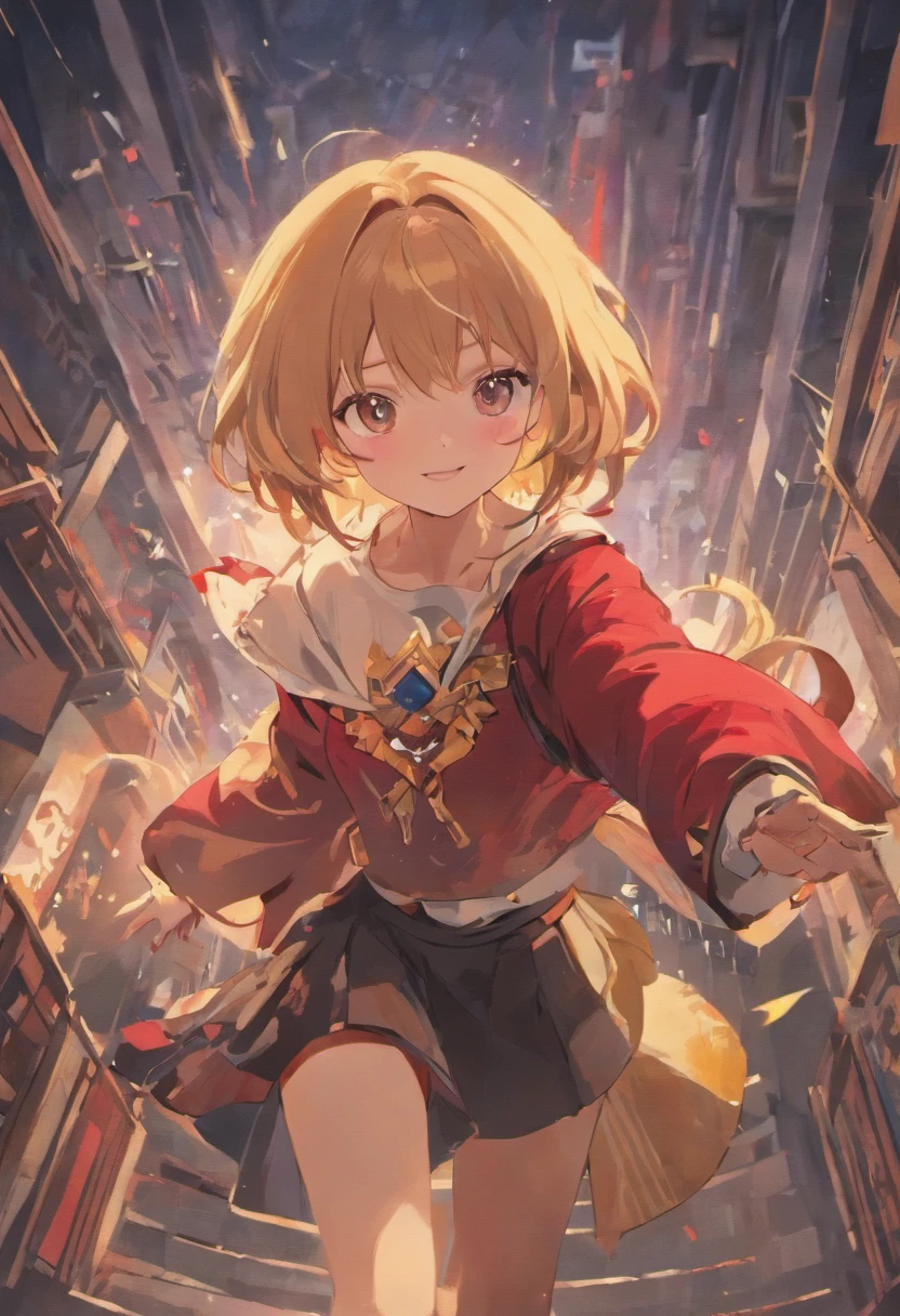 (Masterpiece, Best quality:1.2), Cowboy shot, Solo, 1girll, Ayanoguchiji Reim, Smile, view the viewer, Long sleeves, cloaks, Red skirt, upper legs