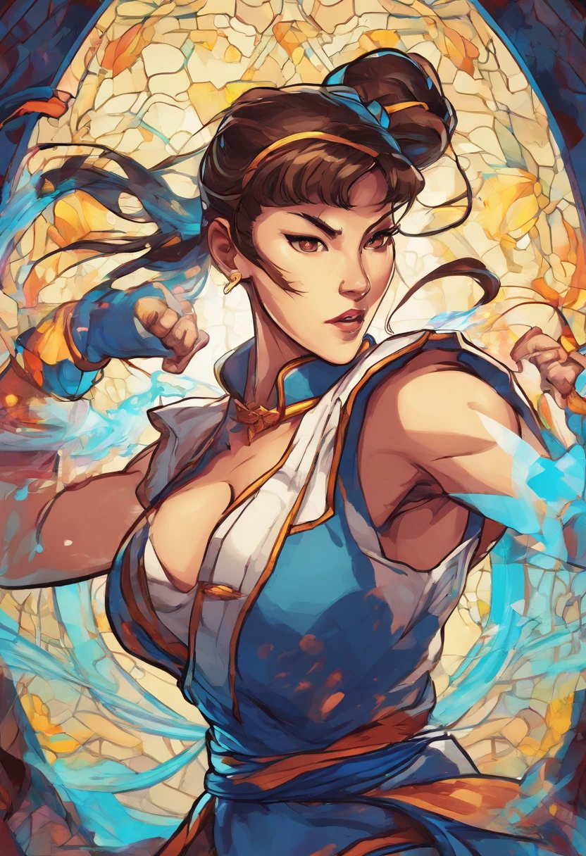 Chun li, portrait shot, kicking into air, dynamic pose, stained glass portrait, extremely detailed, absurdes