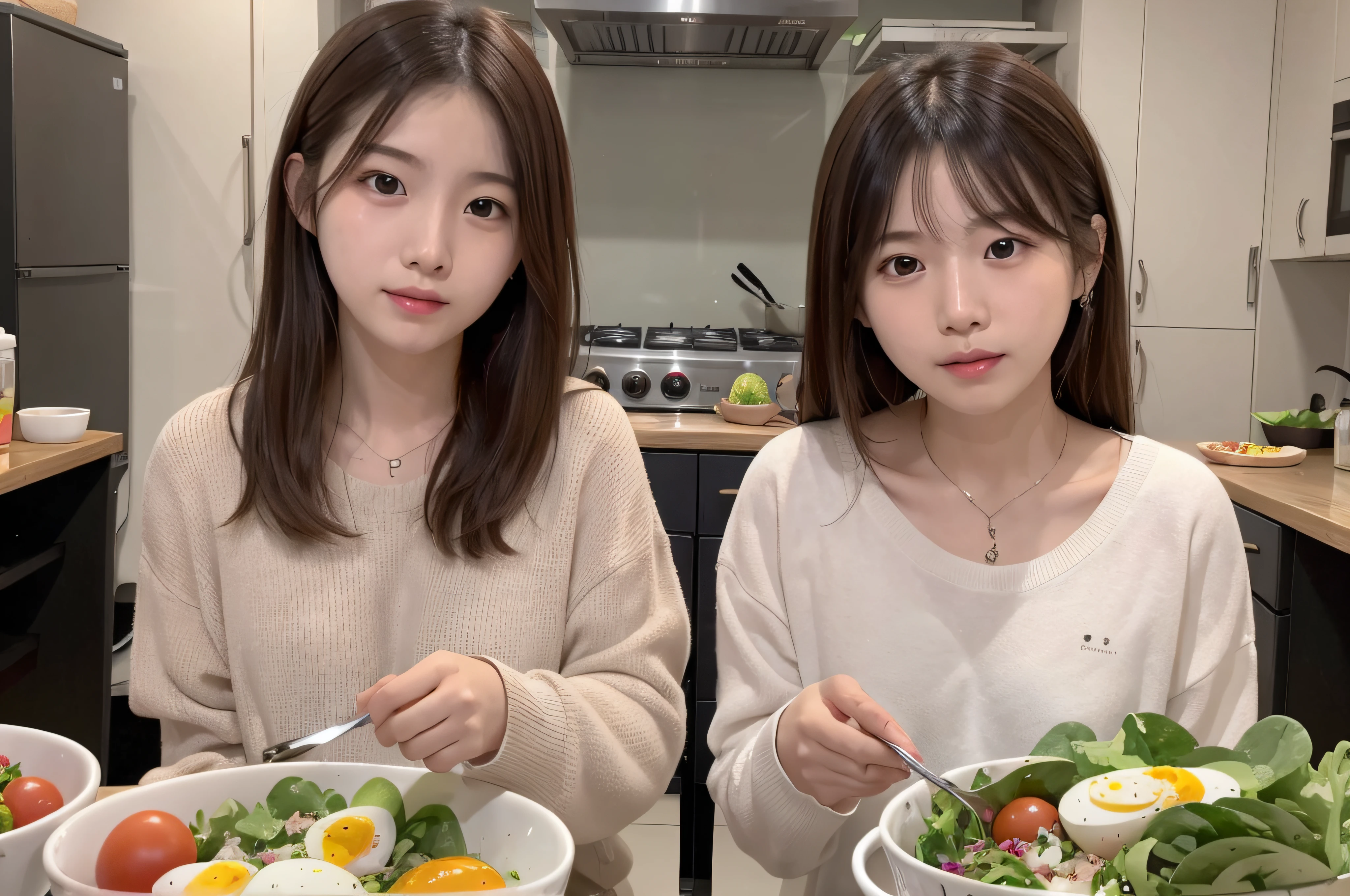 Beautie、Korean Idols、ars、女の子1人、Woman eating salad、salad、tomatoes、boiled egg、cucumber、超A high resolution、