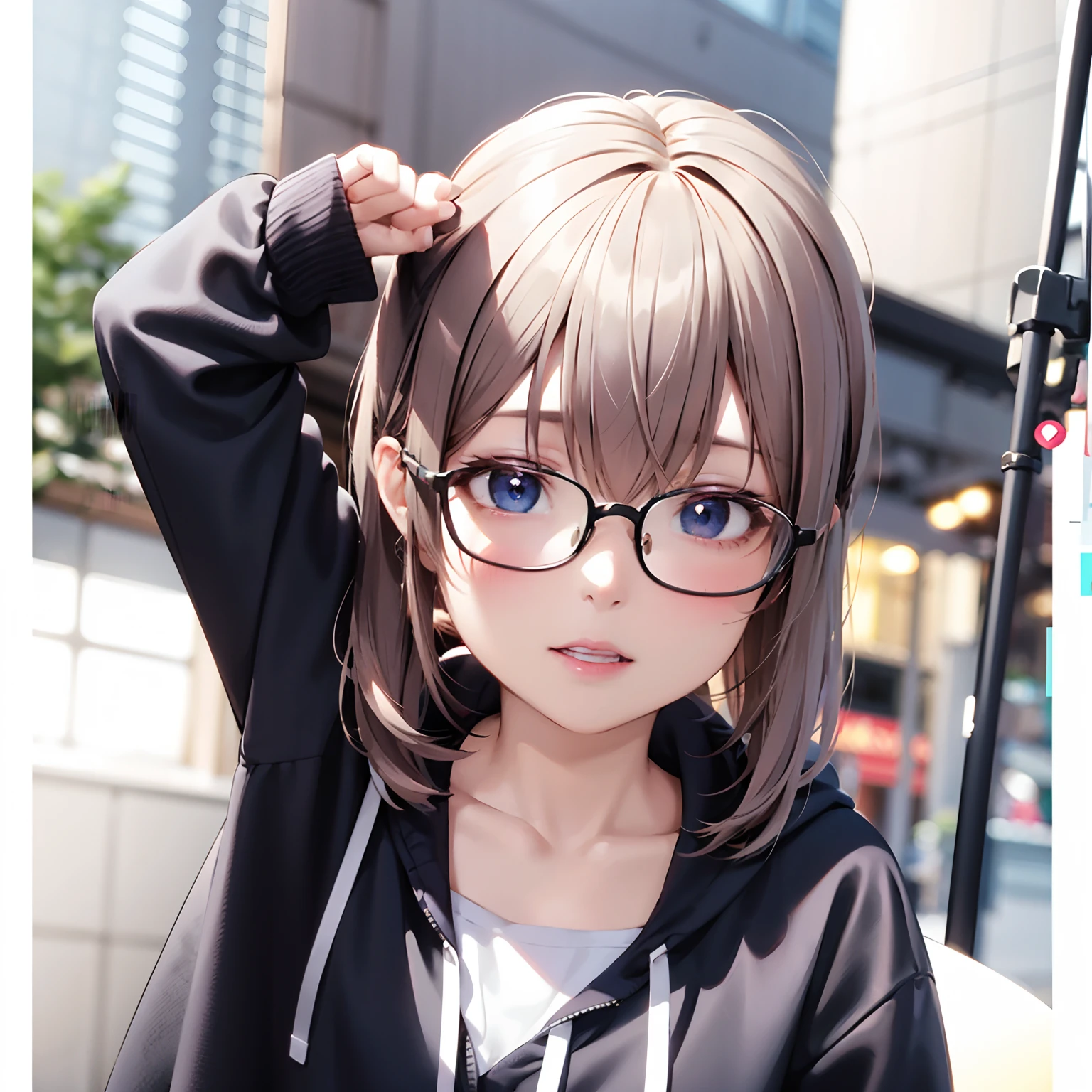 Wearing glasses、Blonde hair color、Woman in hoodie taking photo, render of a cute 3d anime girl, a hyperrealistic schoolgirl, photorealistic anime girl render, anime styled 3d, a hyperrealistic schoolgirl, realistic anime 3 d style, portrait of cute anime girlbabes, young anime girl, 3 d anime realistic, 3d anime girl, portrait of anime girl