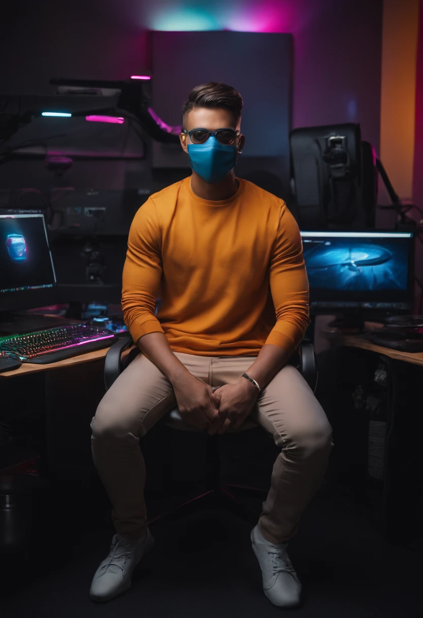 Potrait of a 25 years old man sitting in a chair in a studio, looking straight and center, colourful cyberpunk, wears face mask, center potrait, sitting straight, front view, potrait, center looking at straight, laptop on a table In front of him