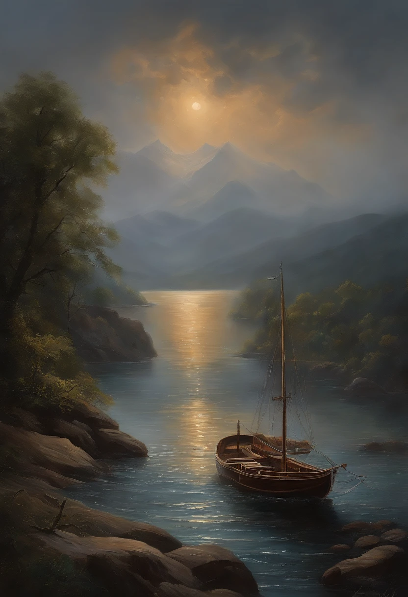 Real picture((painting))Landscape painting,acrycle painting,Brush Strokes,With unparalleled realism,ultrawide,ominous skies,Sail ships,Wooden boats,Lotus,Huge waves,Starry night,Harry Potter,voluminetric lighting,Clearing,Realistic,james gurney,art stations,((painting))