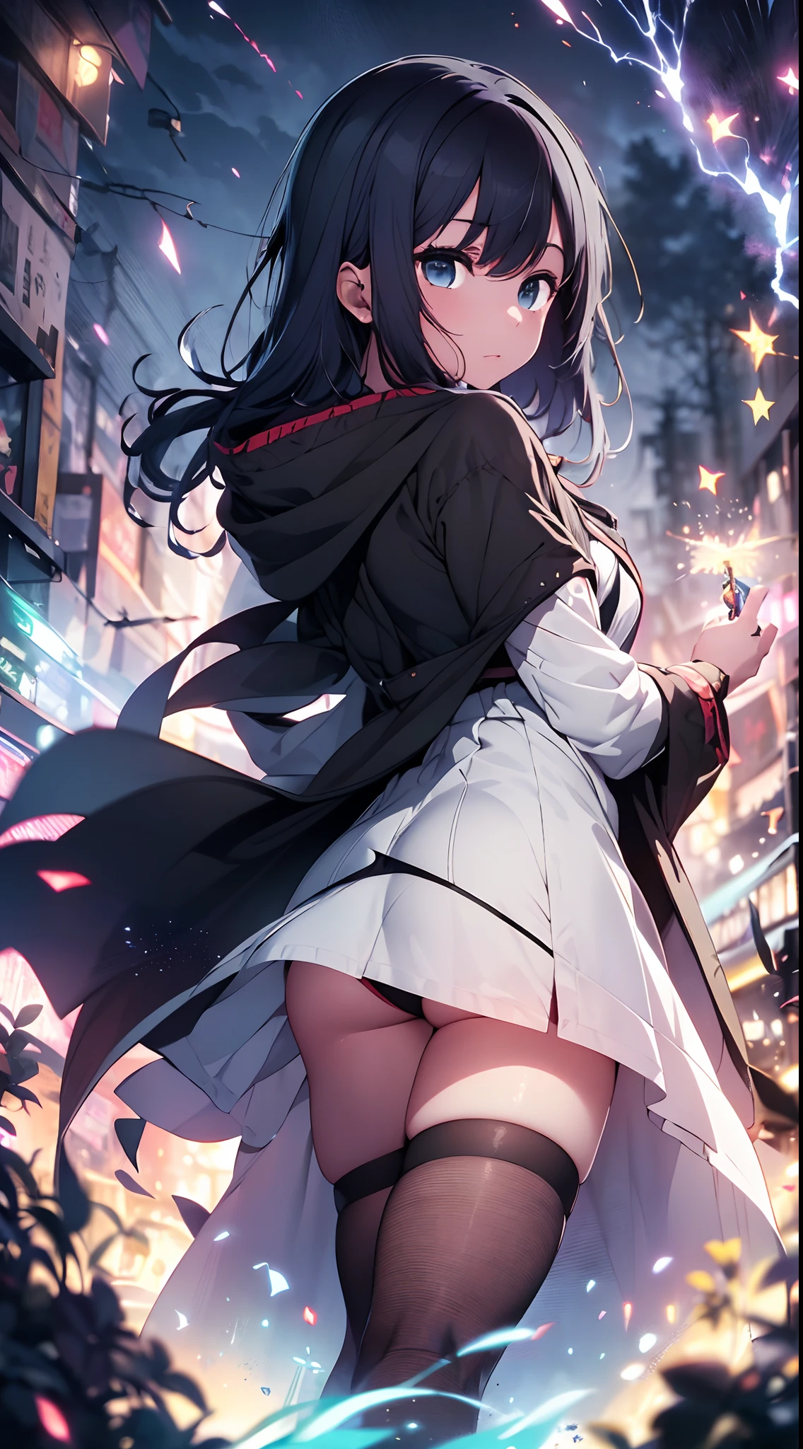 (?????????????:1.5)、reallistic、Photorealsitic、(masuter piece:1.5)、Concept art、intricate-detail、A highly detailed、Photorealsitic、Octane Rendering、16k、Unreal Engine、Dynamic Pause、top-quality、hight resolution、(lifelike face:1.1)、 (surrealistic:1.3)、((full bodyesbian))、perfect  eyes、(shinny skin:1.2)、(((hairstyle on)))、(((perfect hand)))、(highly detailed back ground)、((Moving background) )、((lightning))、(llight rays)、((girl))、独奏、(Legendary magician:1.6)、skirt by the、Ankle-length、I'm wearing a cloak、(((flowing cloak)))、((finely eye、quality eyes、Quality face))、(extremely intricate robes、magical robe)、bob cut  hair、lightning、electricity、swirling fire、Radiant power、spark of light、fumo、magia、((Dramatic))、epicd、battle field、ruins、Detailed and deep ruins、Final Fantasy Yoshitaka Amano Background、Huge ruins in the plateau、depth of fields、Bokeh、16k、Gothic dress wearing、embers、(particle:1.5)、Blur the background