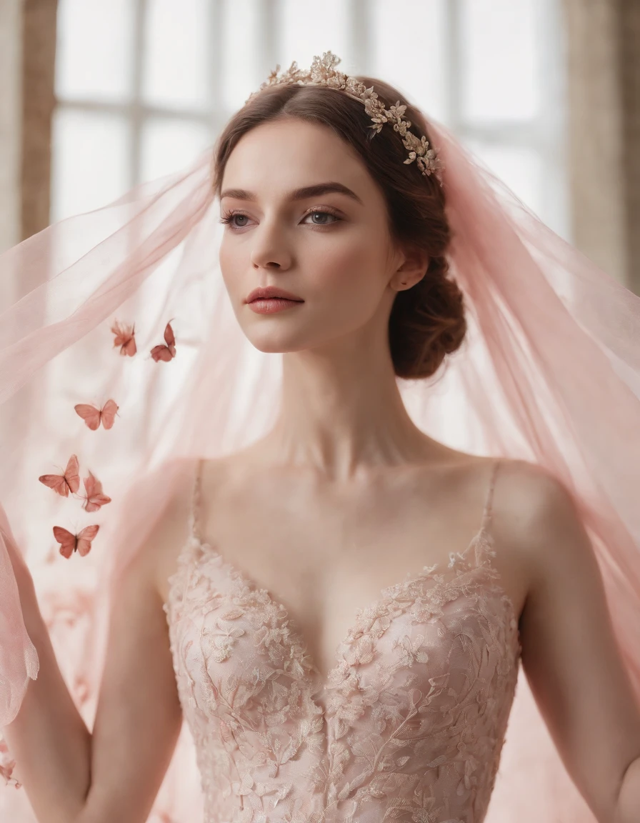 A woman wearing a wedding dress in a light red and pink style with a nature-inspired pattern, close-up, tulle fabric, Iberê Camargo, beautiful, made of butterflies, front,medium shot