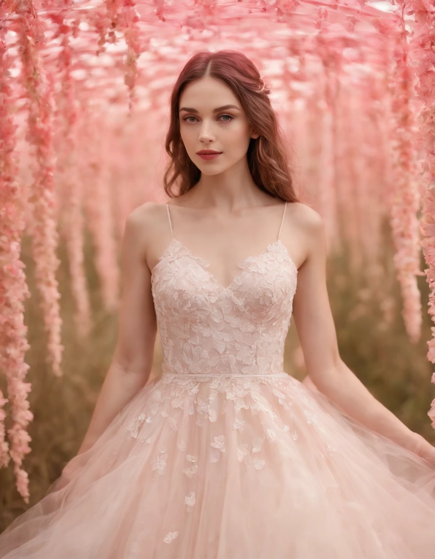 A woman wearing a wedding dress in a light red and pink style with a nature-inspired pattern, close-up, tulle fabric, Iberê Camargo, beautiful, made of butterflies, front,medium shot