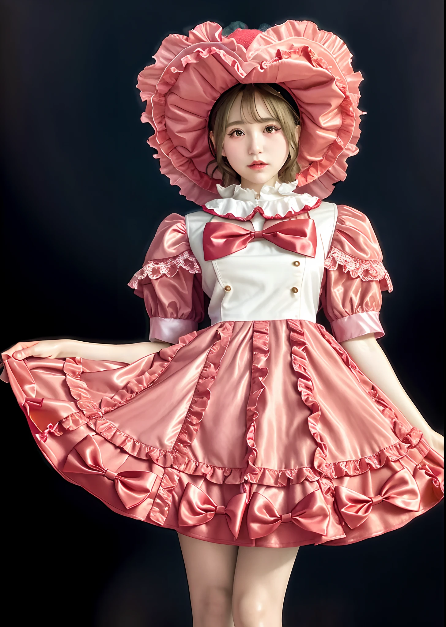 Alafe in pink satin dress and hat with big heart, high quality costume, maid dress, frilly outfit, ta style, rococo ruffles dress, Loliashion, glamorous ruffled dresses, frilld, angelic pretty, frilld, plastic doll, high quality theatre costume, maid clothes, cosplay of a catboy! maid! Dress, Lori、huge tit