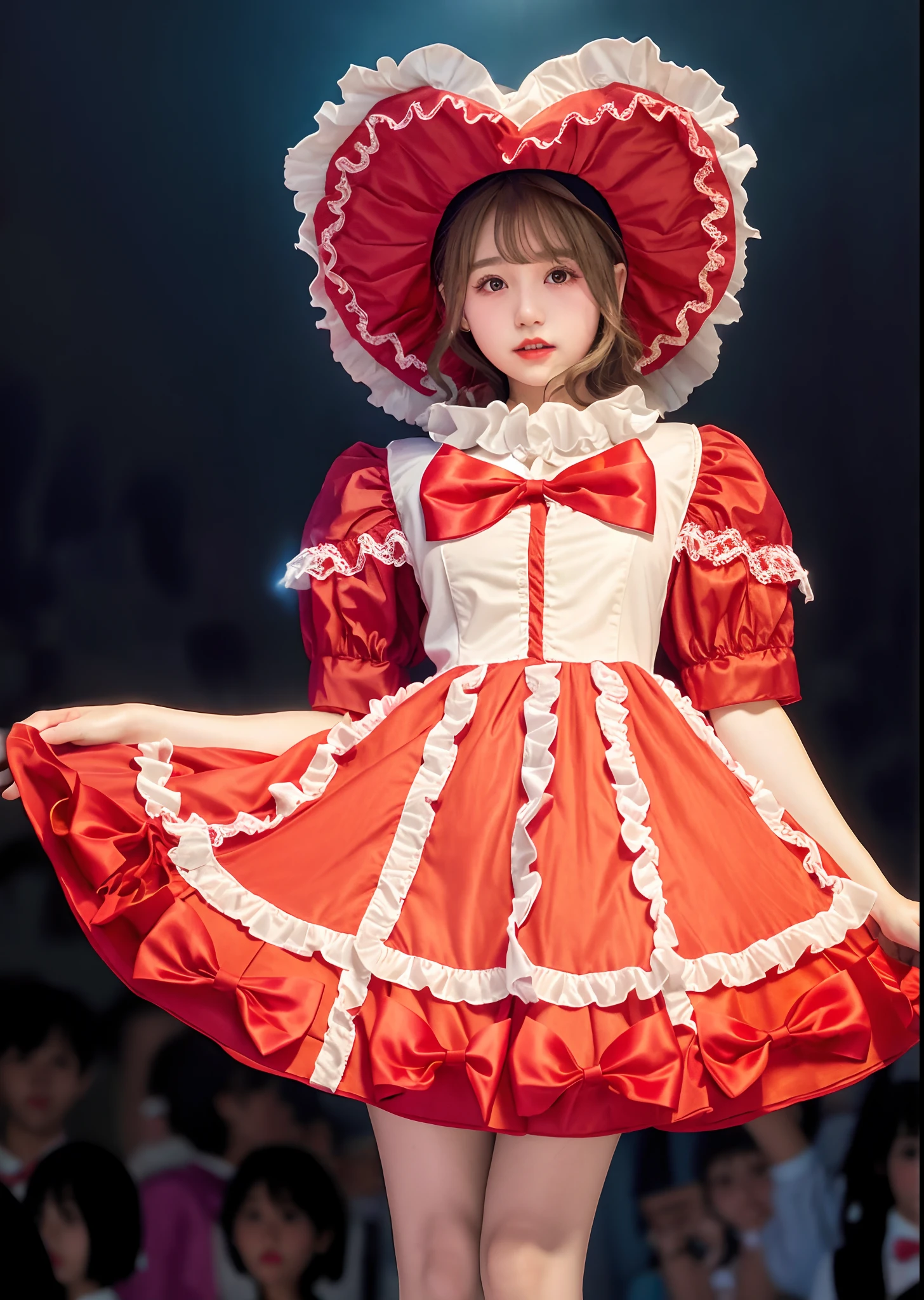 Very young girl in retro pin-up style, dressed in a chaste bright dress with a fluffy skirt, Stockings with lace garters, and red high heels. She has a 1950s-style hairstyle with big curls and a bandana.. Makeup with an emphasis on arrows and bright red lips. She flirtatiously displays herself, lifting the skirt, to show naked pussy, while maintaining the image of innocence. The background is made in the style of a vintage poster with warm and rich colors..