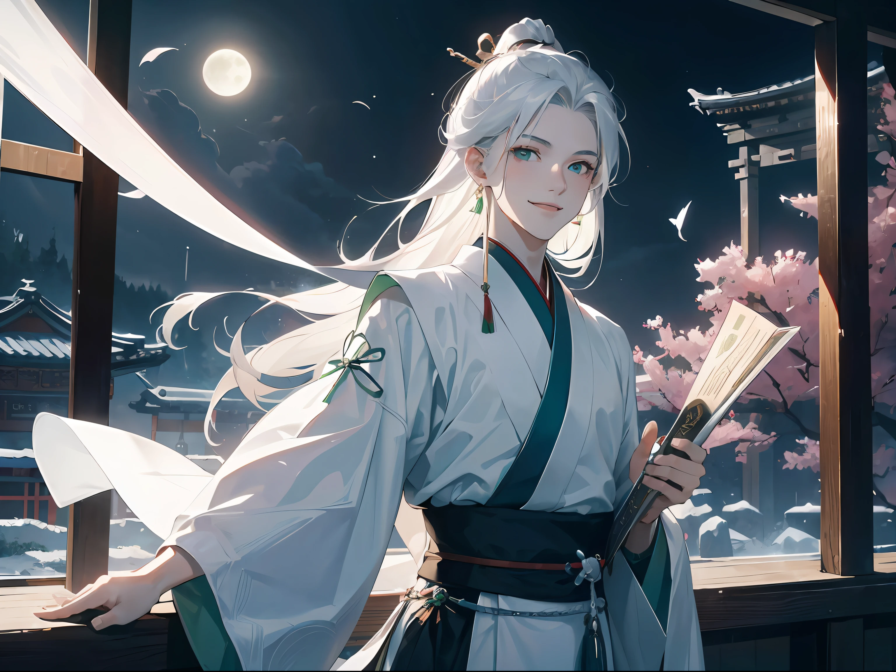 tmasterpiece，Ultra-clear image quality，1 man，20yr old，，White color hair，Hanfu，Greet with a smile，1 woman， old，Long black hair fluttering，Green eyes，ssmile，Pale green hanfu，Look up at the perspective，，Background with:Inside the moonlit garden，