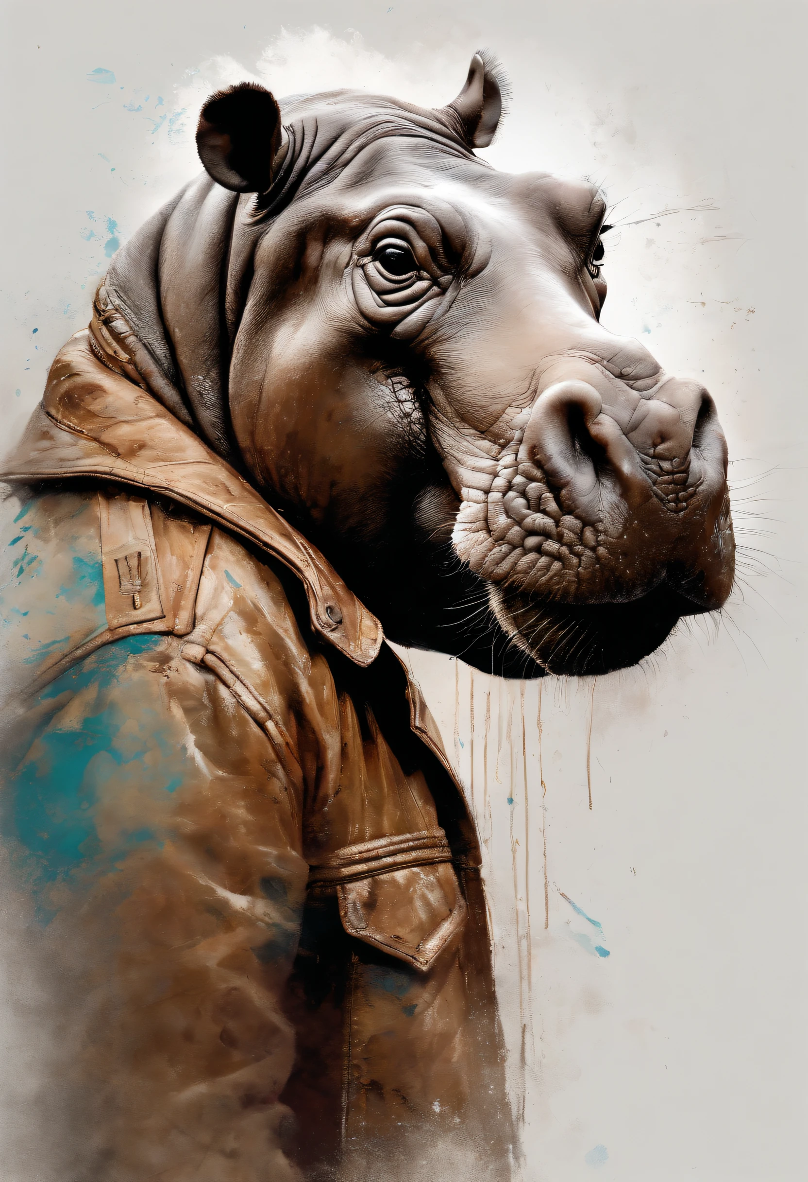 Perfect centering, Cute Hippo, Wear a genuine leather jacket, Wearing fashionable glasses, cheerfulness, Standing position, Abstract beauty, Centered, Looking at the camera, Facing the camera, Approaching perfection, Dynamic, Highly detailed, Smooth, Sharp Focus, 8K, hight resolution, Illustration, art by carne griffiths and wadim kashin, White background