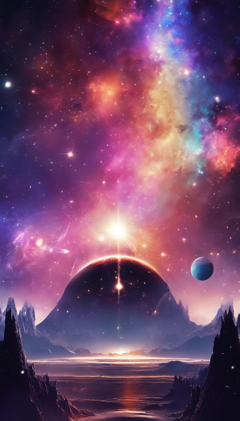 ((Masterpiece)),(Best quality)),Magnificent space image scene,heavenly body,Interstellar,Huge star gates,(((Huge starship))),Spaceship,Shining starry sky,8K,super-fine,high qulity