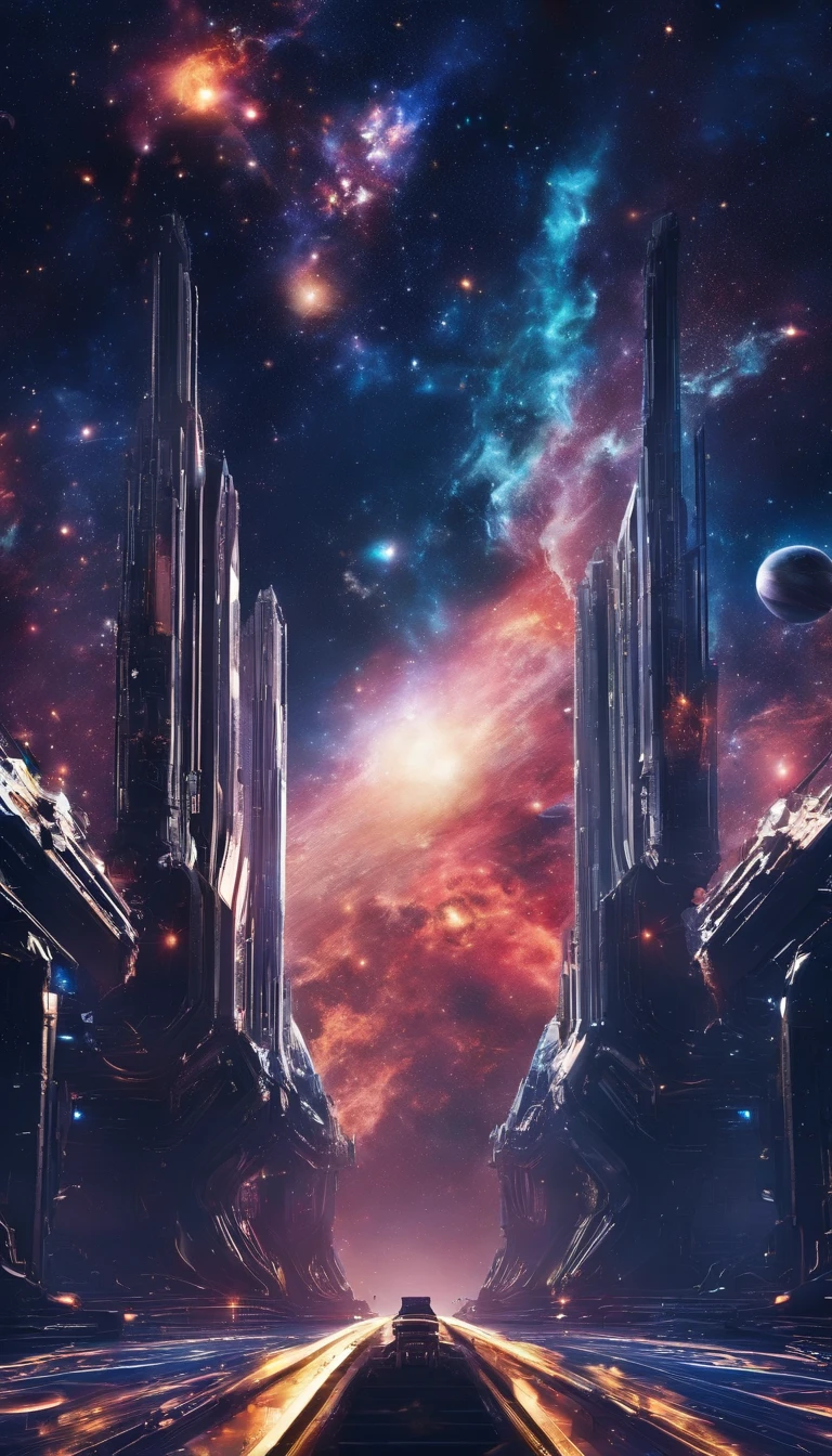 ((Masterpiece))，(Best quality))，Magnificent space image scene，heavenly body，Interstellar，Huge star gates，（（（Huge starship））），Spaceship，Shining starry sky，8K，super-fine，high qulity