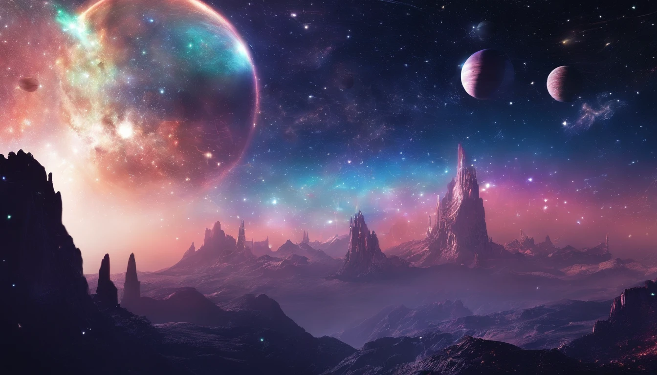 ((Masterpiece)),(Best quality)),Magnificent space image scene,heavenly body,Interstellar,Huge star gates,(((Huge starship))),Spaceship,Shining starry sky,8K,super-fine,high qulity