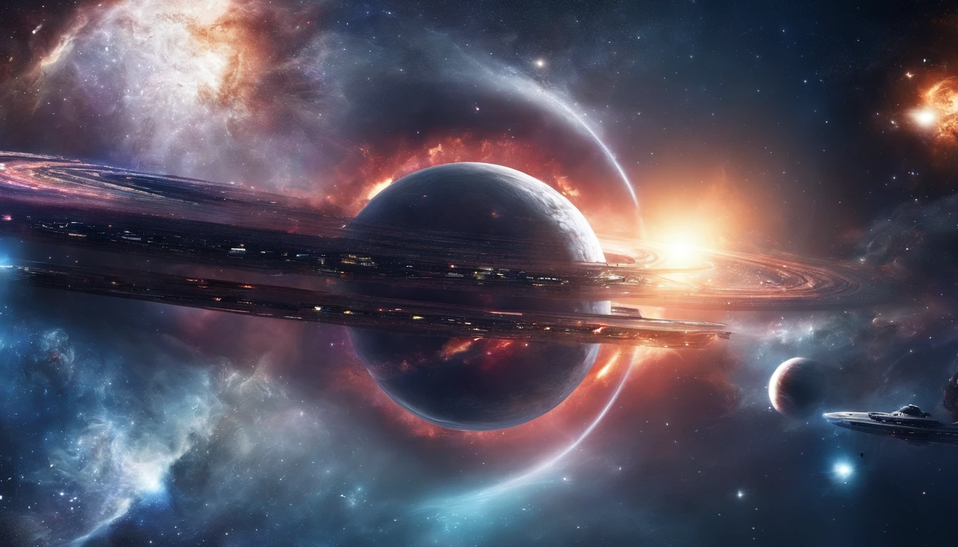 ((Masterpiece)),(Best quality)),Magnificent space image scene,heavenly body,Interstellar,Huge star gates,(((Huge starship))),Spaceship,Shining starry sky,8K,super-fine,high qulity