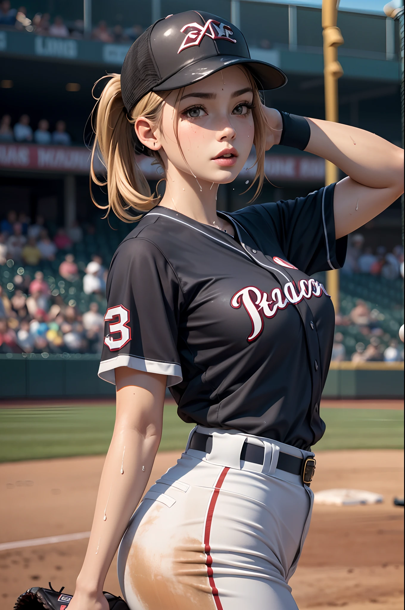 (Details of a very beautiful face), (Best Quality:1.4), 8K resolution, High resolution, 1womanl, Beautiful woman, best beauty, Super beautiful detailed face, Smooth skin, inely detailed beautiful eyes, Fine skin texture, Gloss on lips, Parted lips, Japanese, baseball uniform, Baseball Cap,, Large breasts, thin waist, big butts, pitcher, Lancer, Playing Baseball, Dynamic, Motion Blur, baseball field, Sweating, sweat splashing,