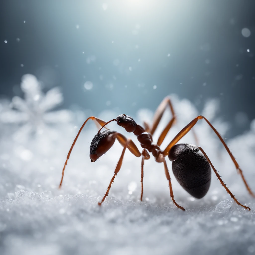 an ants standing on a piece of snowflake is dropping from the air