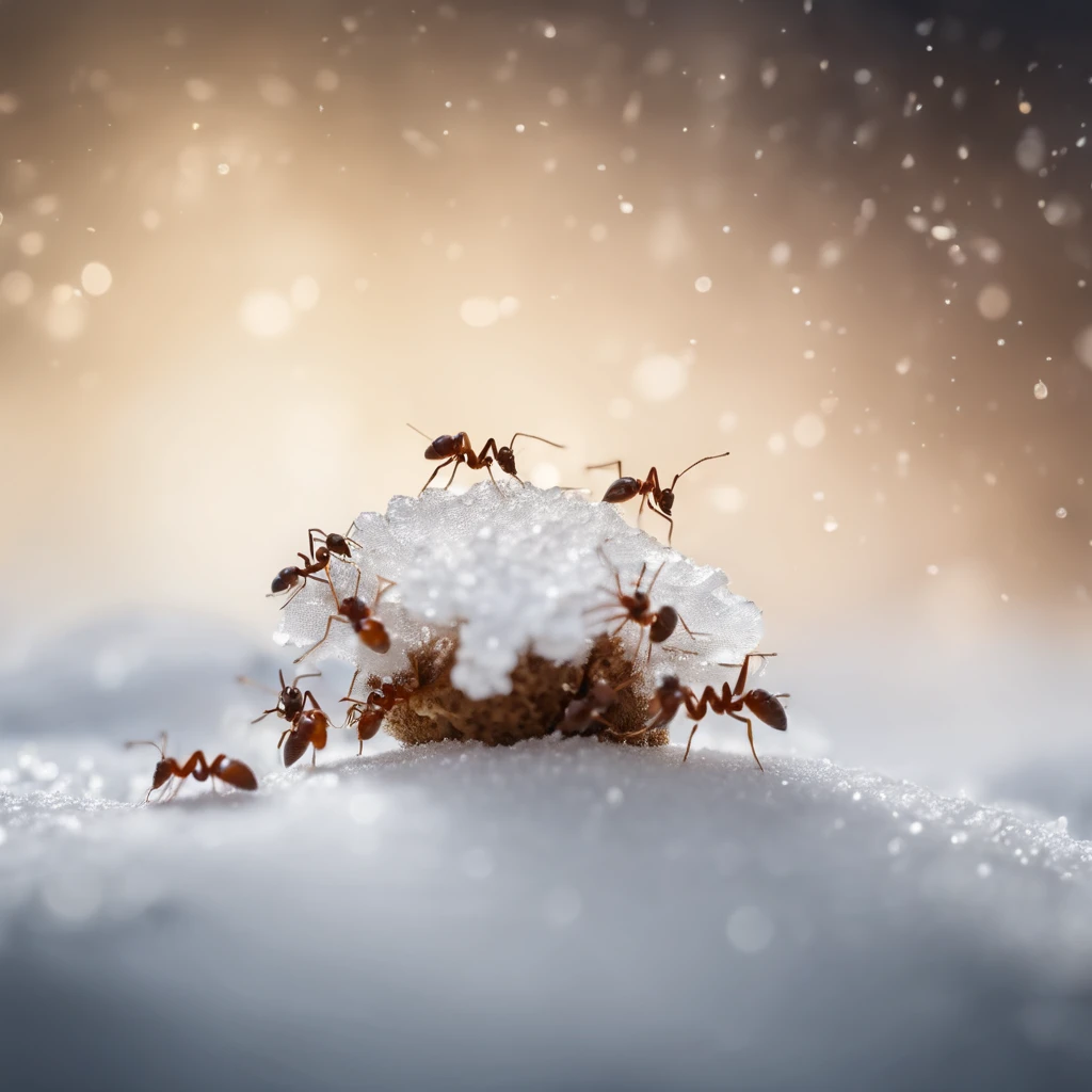 an ants standing on a piece of snowflake is dropping from the air