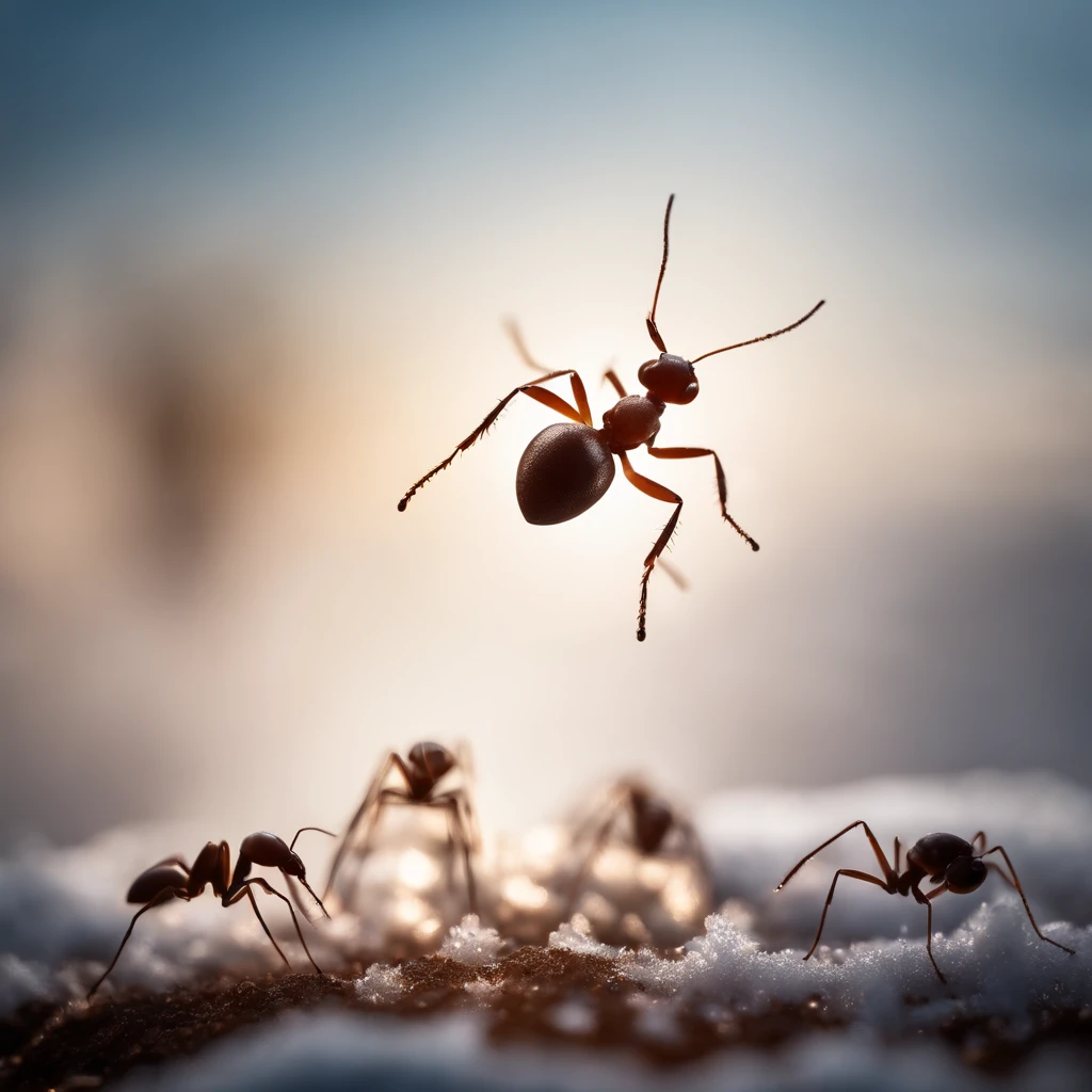 an ants standing on a piece of snowflake is dropping from the air