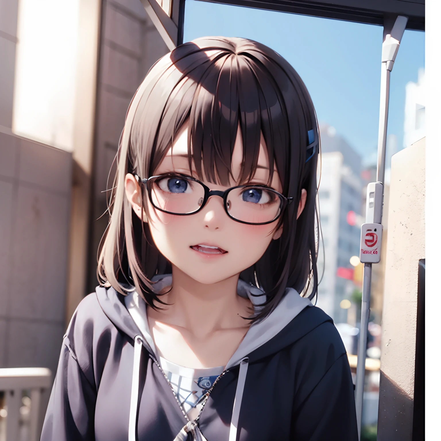 Wearing glasses、Blonde hair color、Woman in hoodie taking photo, render of a cute 3d anime girl, a hyperrealistic schoolgirl, photorealistic anime girl render, anime styled 3d, a hyperrealistic schoolgirl, realistic anime 3 d style, portrait of cute anime girlbabes, young anime girl, 3 d anime realistic, 3d anime girl, portrait of anime girl