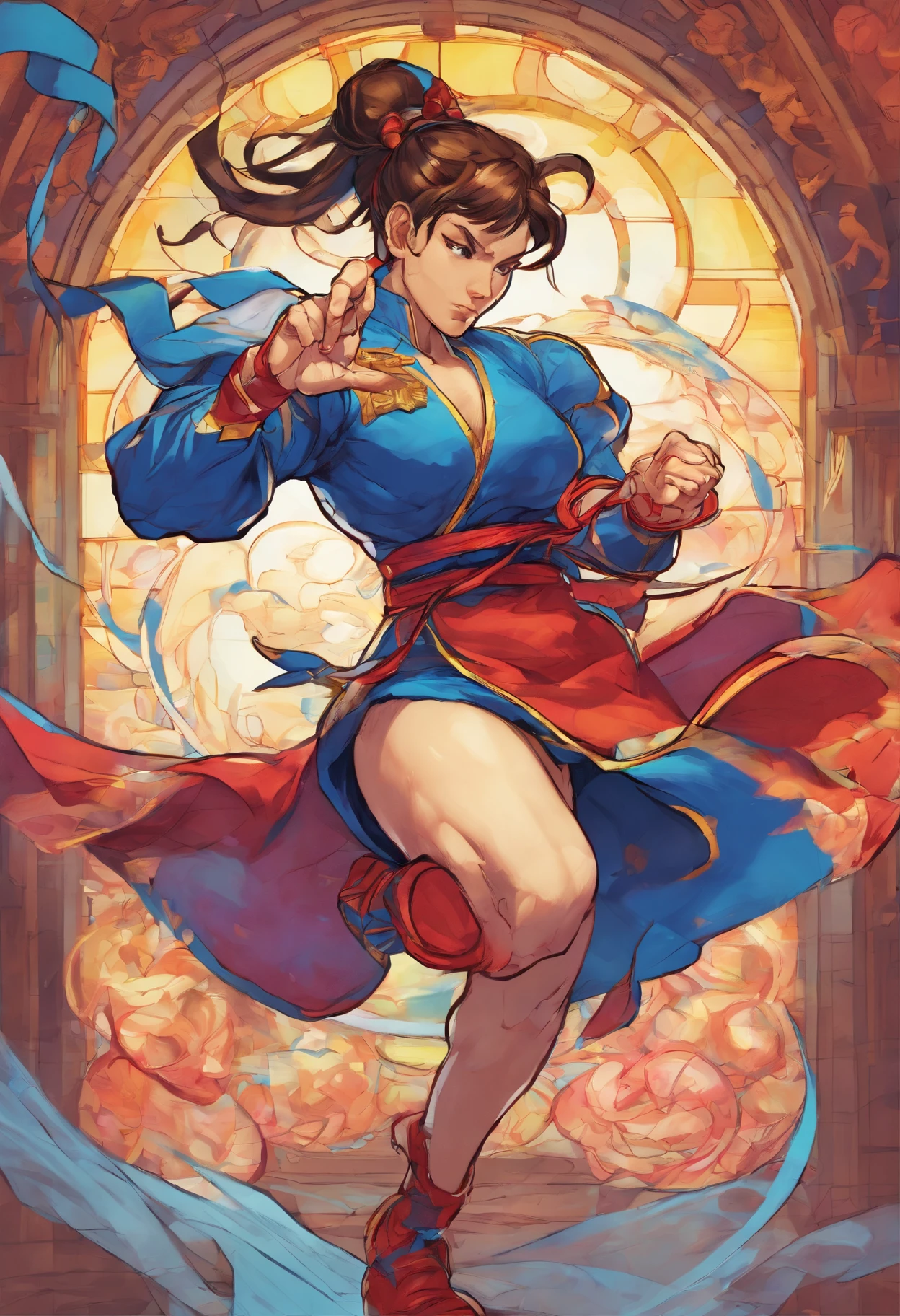 Chun li, portrait shot, holding a shimmering sword into air, stained glass portrait, extremely detailed, absurdes