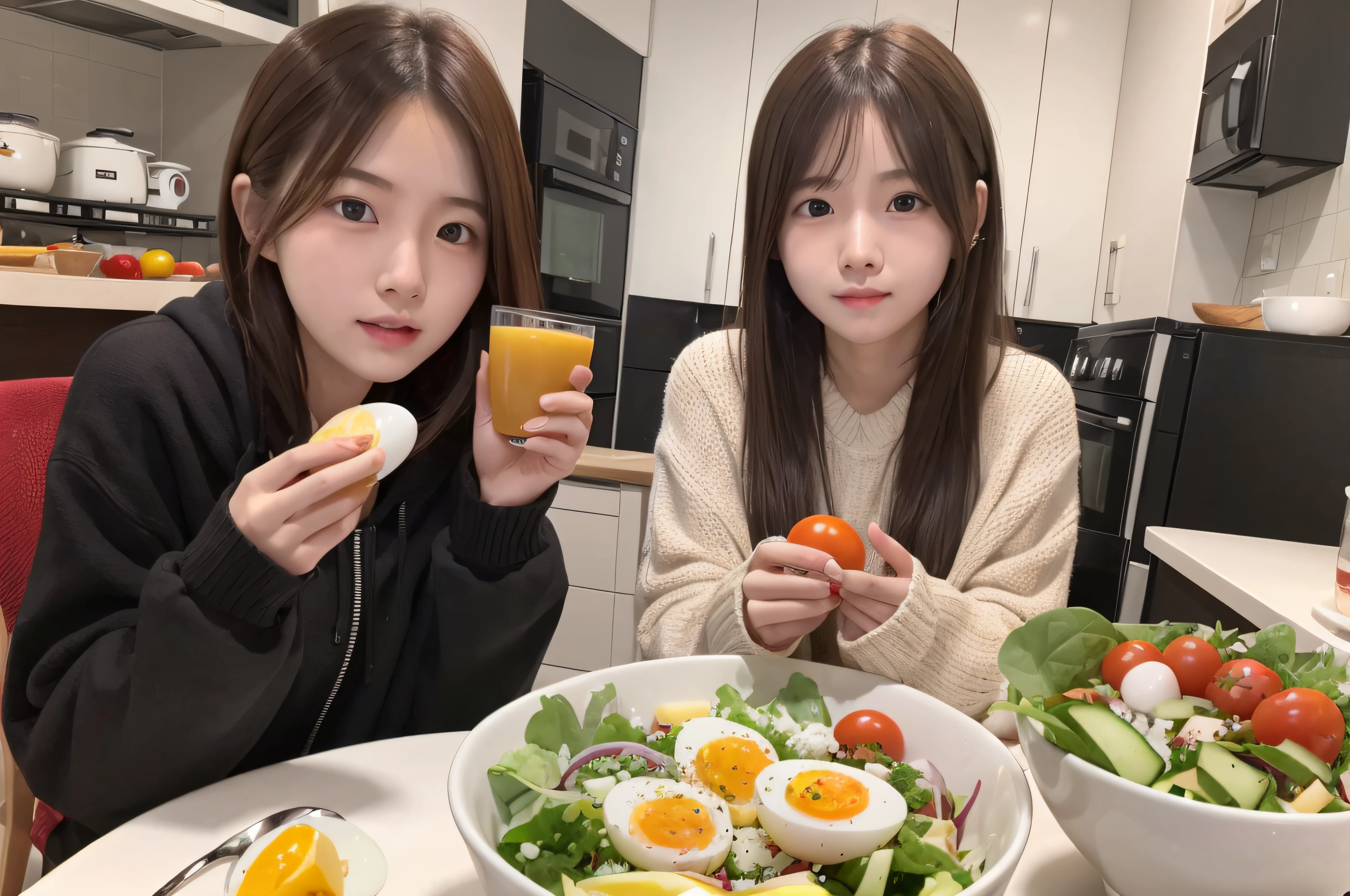 女の子1人、Korean Idols、21years old、Woman eating salad、salad、tomatoes、boiled egg、cucumber、超A high resolution、